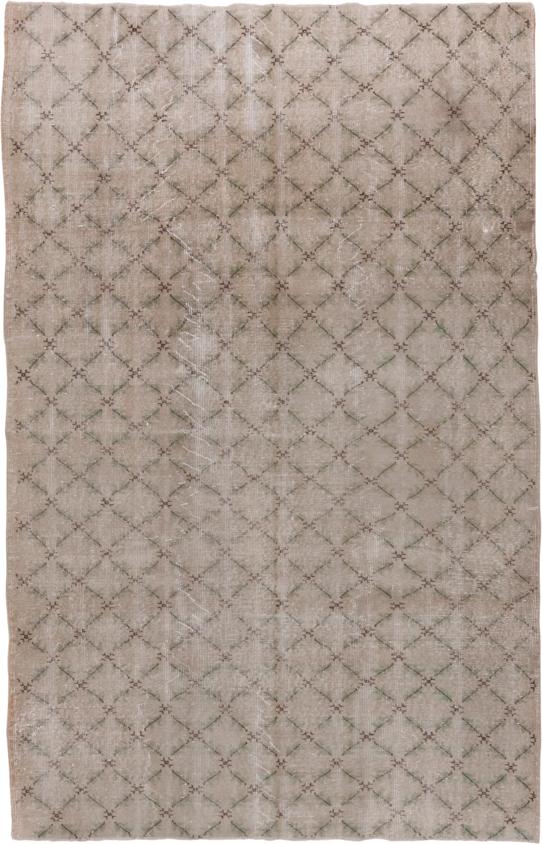 5' x 8' one-of-a-kind handmade vintage Konya medium size rug. Color palette: taupe, beige, charcoal, sage, ivory, gray