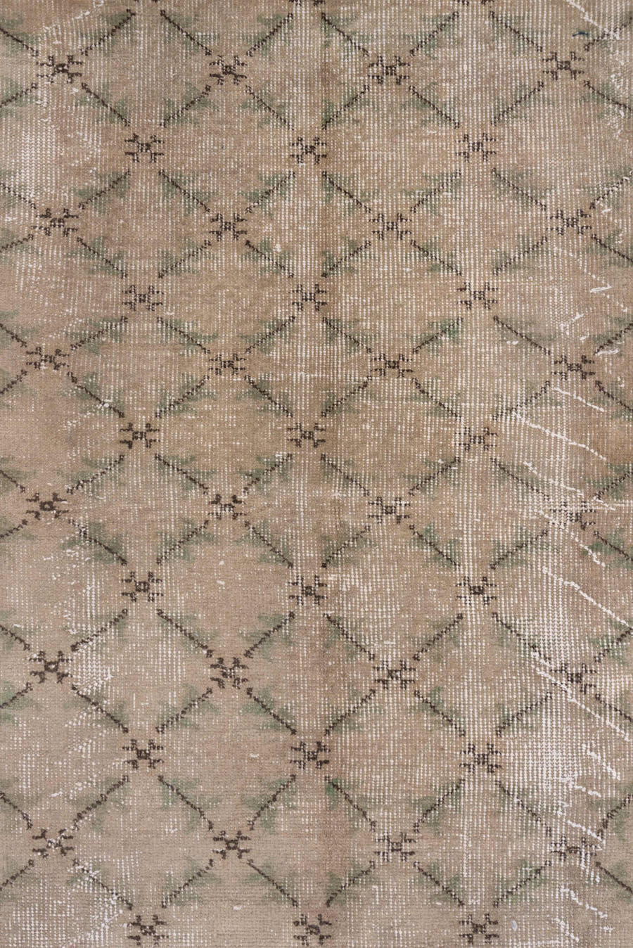 5' x 8' one-of-a-kind handmade vintage Konya medium size rug. Color palette: taupe, beige, charcoal, sage, ivory, gray