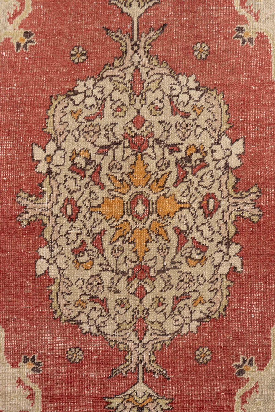 4' x 6' one-of-a-kind handmade vintage Oushak small size rug. Color palette: ivory, terra cotta, rust, gold, camel, sage