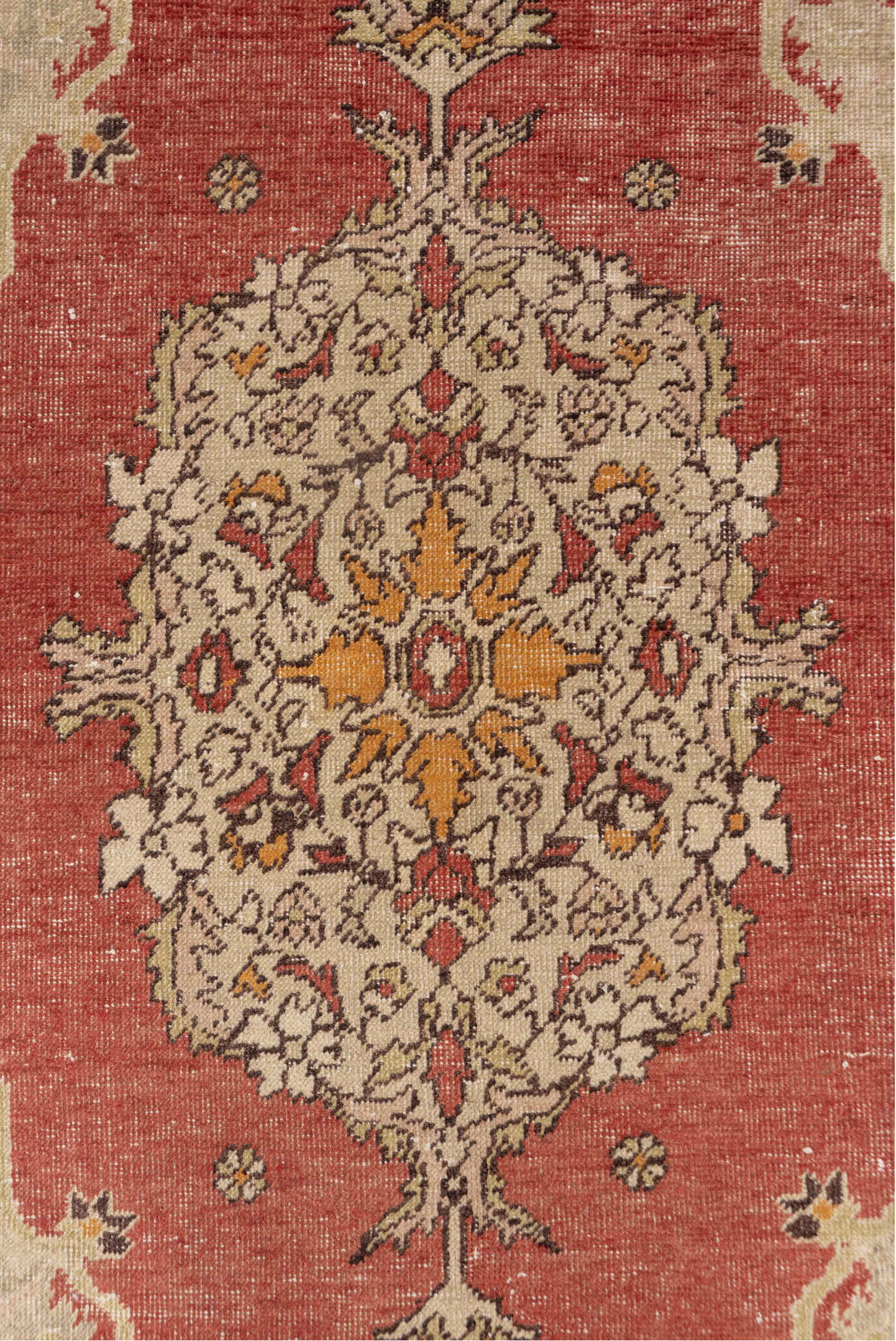 4' x 6' one-of-a-kind handmade vintage Oushak small size rug. Color palette: ivory, terra cotta, rust, gold, camel, sage