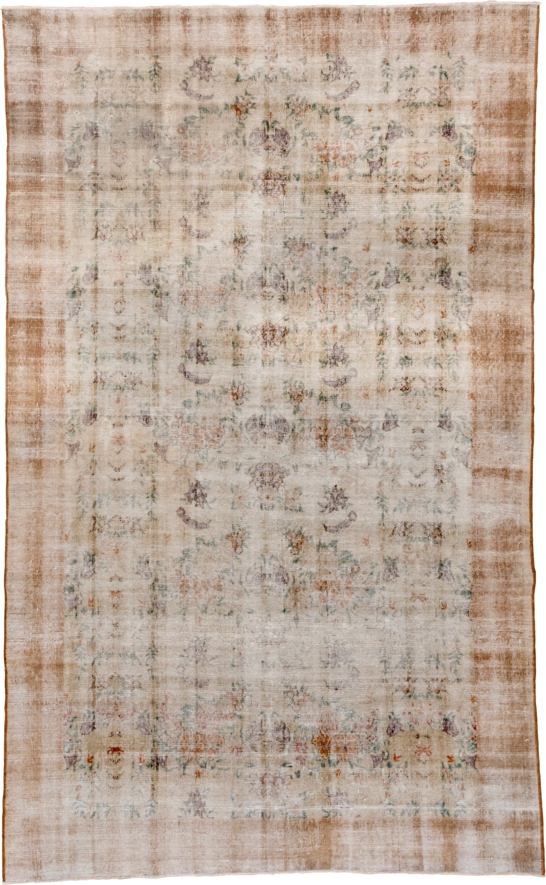 6' x 10' one-of-a-kind handmade vintage Oushak large size rug. Color palette: ivory, beige, taupe, sage, lavender, peach