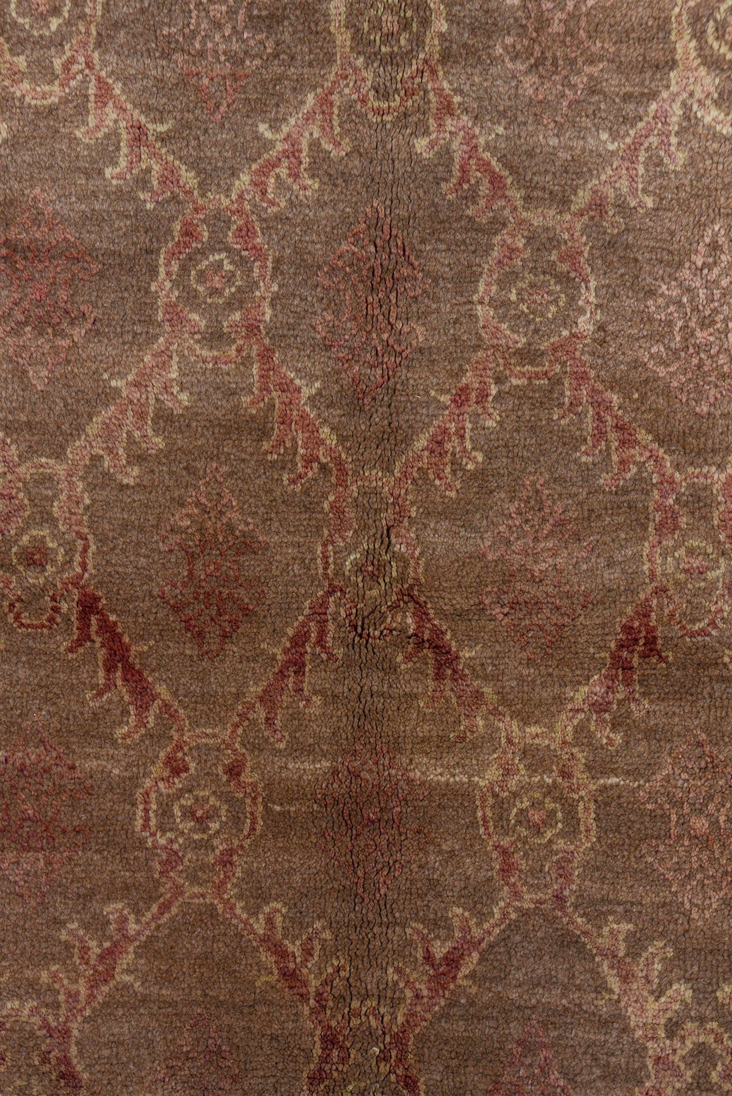 4' x 8' one-of-a-kind handmade vintage Tulu rug. Color palette: taupe, camel, rose, ivory, beige, gray, pink, red