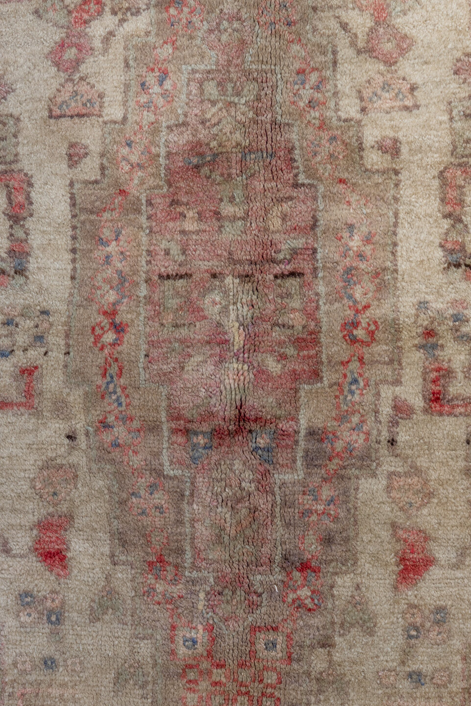 5' x 8' one-of-a-kind handmade vintage Oushak medium size rug. Color palette: taupe, ivory, coral, rose, slate, beige, gray