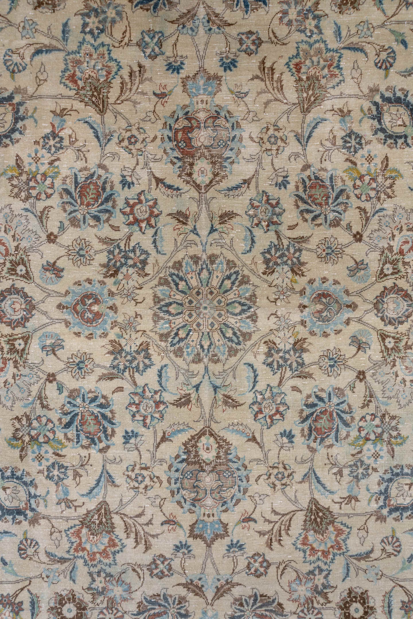 9' x 13' one-of-a-kind handmade vintage Kashan large size rug. Color palette: ivory, taupe, sky_blue, brown, beige, slate