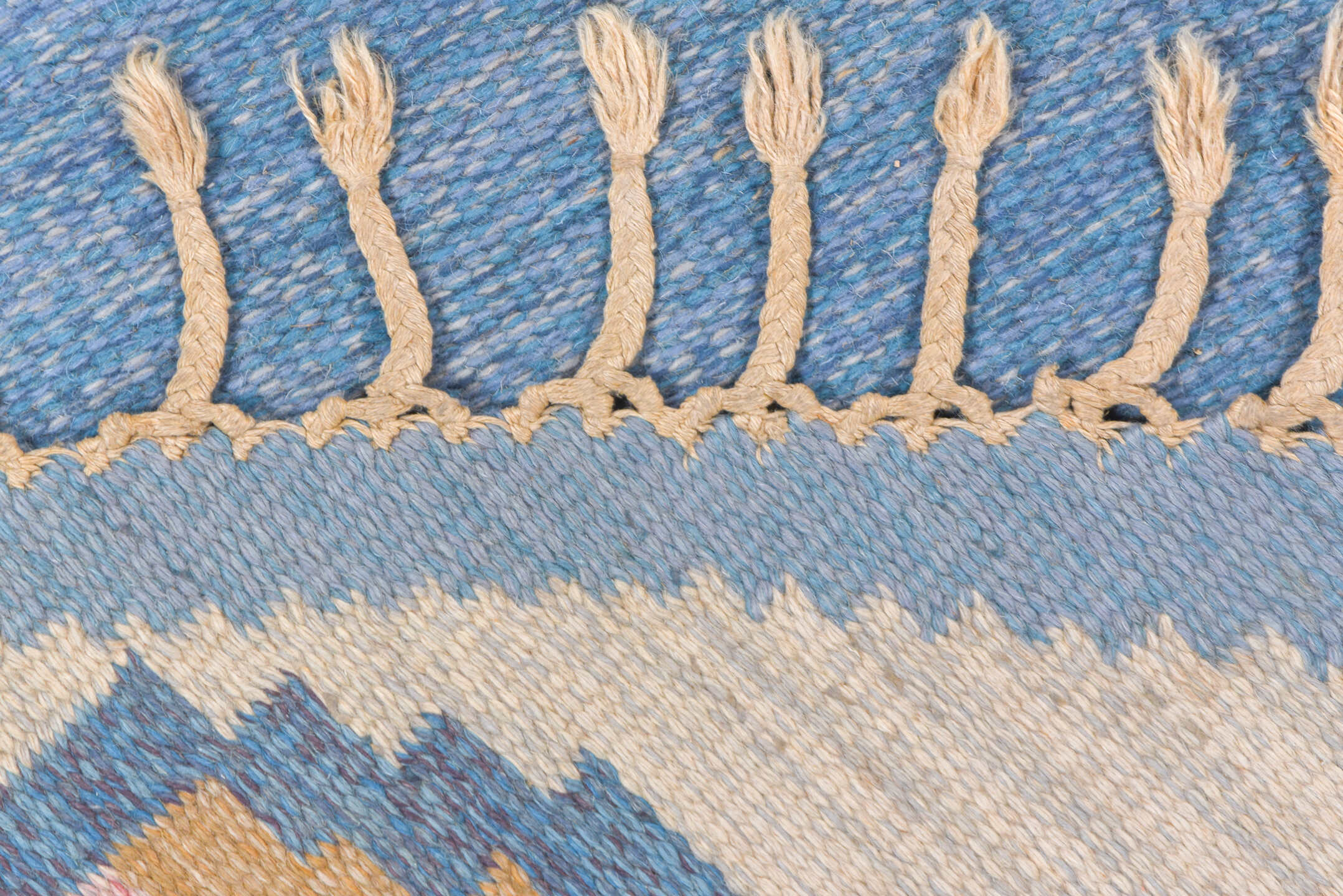 6' x 6' one-of-a-kind handmade vintage Rollaken rug. Color palette: sky blue, ivory, slate, blush, gold, camel, light blue