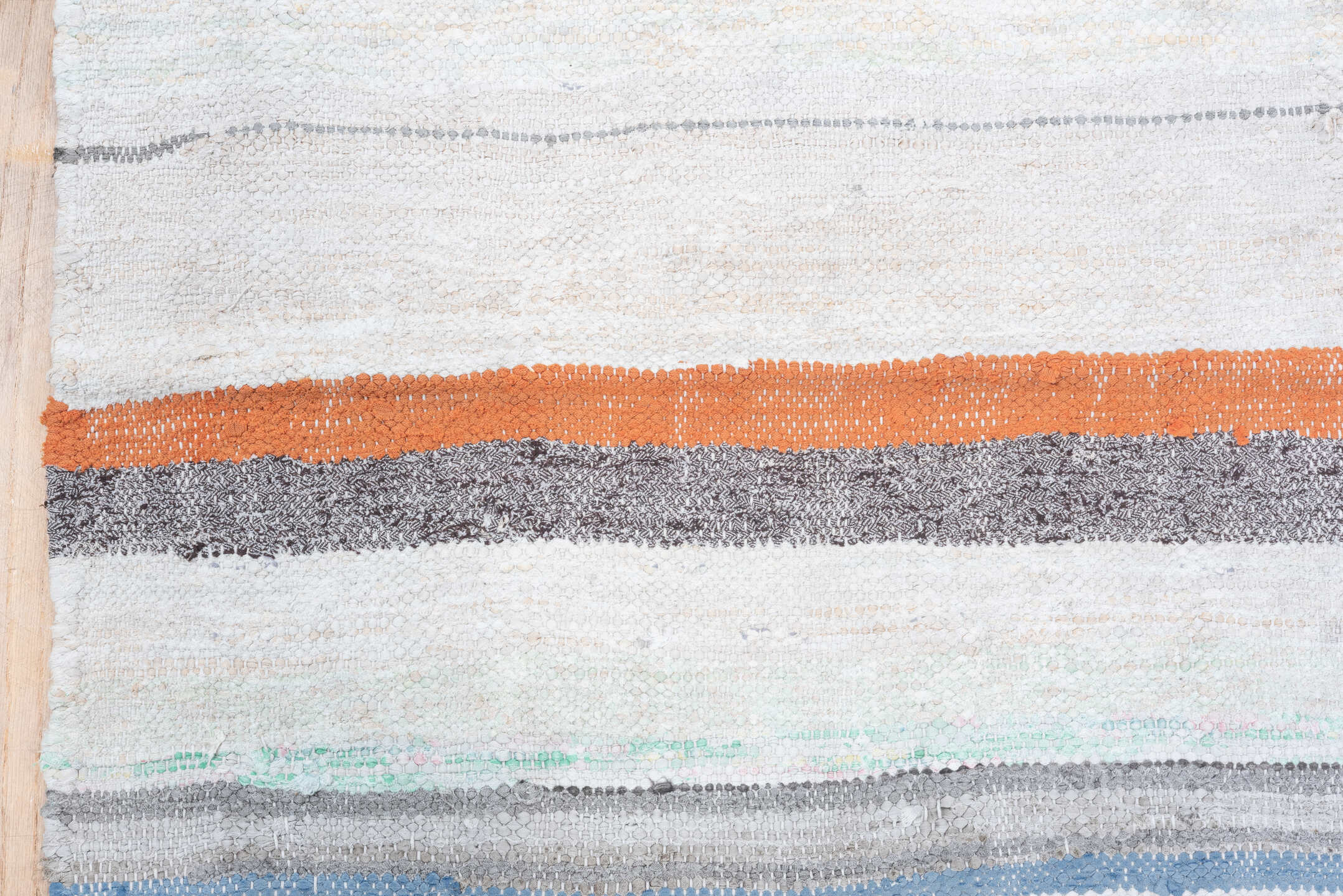 6' x 8' one-of-a-kind handmade vintage Rag Rug medium size rug. Color palette: alice blue, azure, black, blue, brown