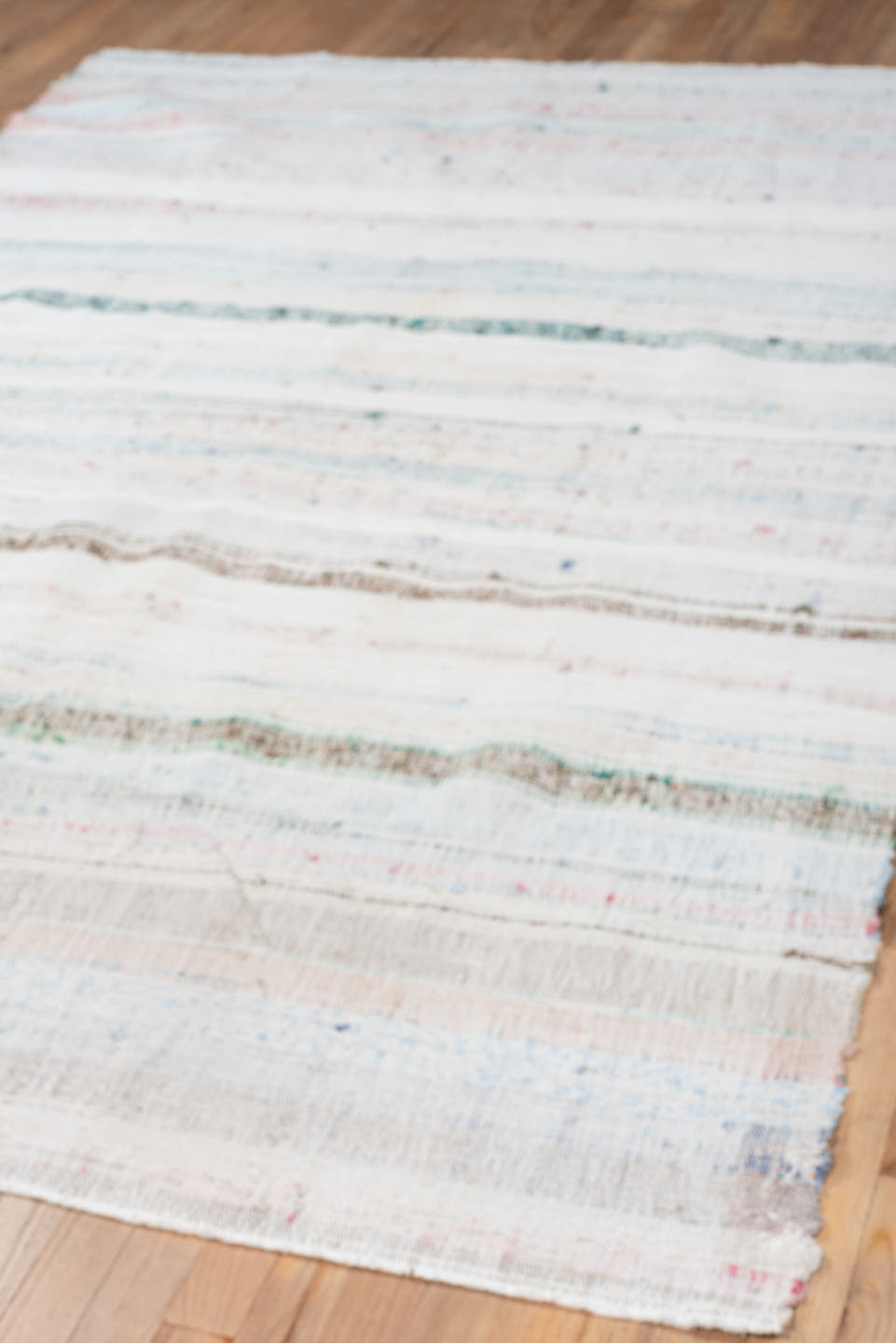 8' x 10' one-of-a-kind handmade vintage Rag Rug large size rug. Color palette: ivory, sky blue, teal, rose, brown, aqua