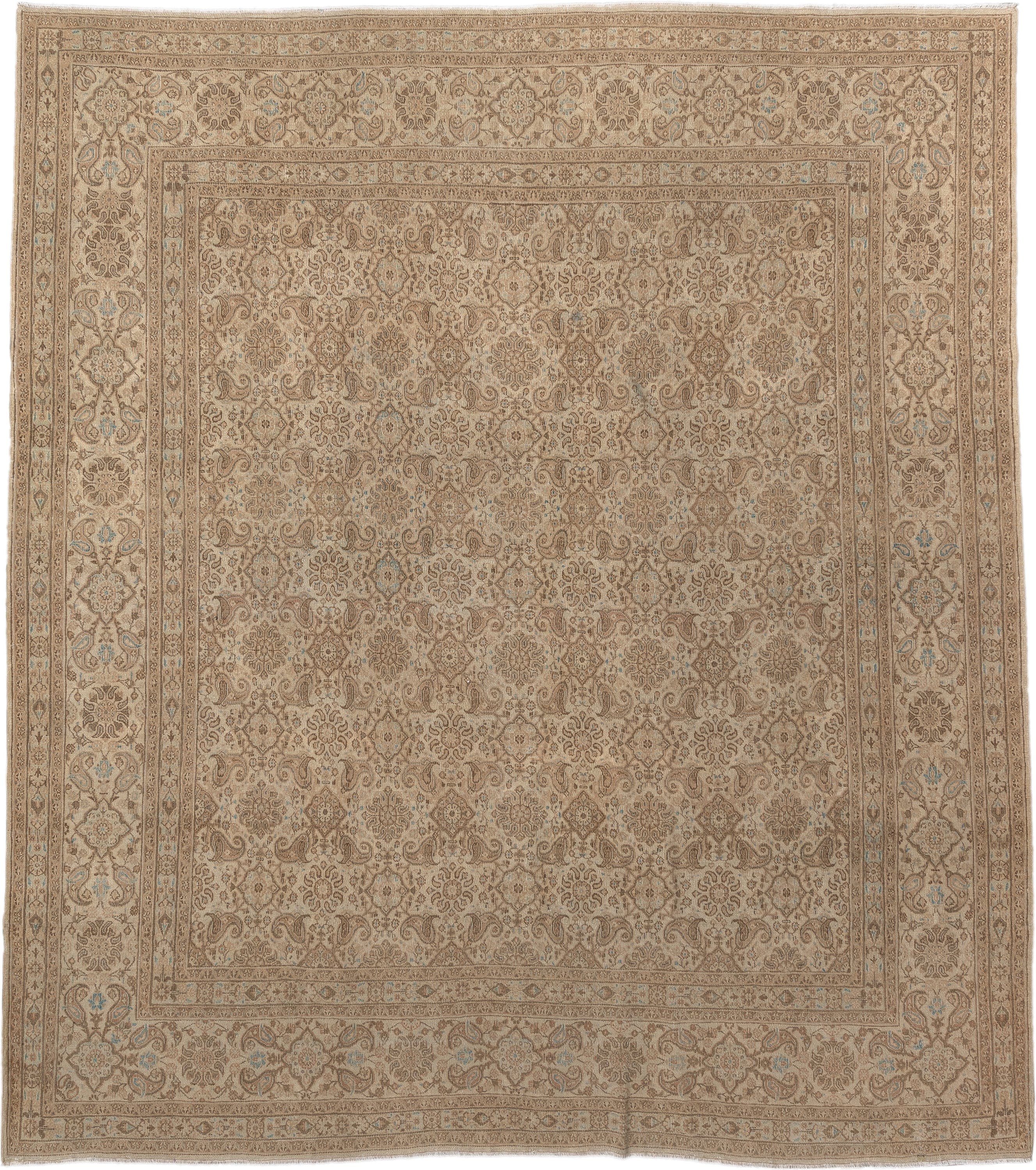 8' x 9' one-of-a-kind handmade vintage Kazvin large size rug. Color palette: taupe, ivory, beige, camel, pale blue, sand