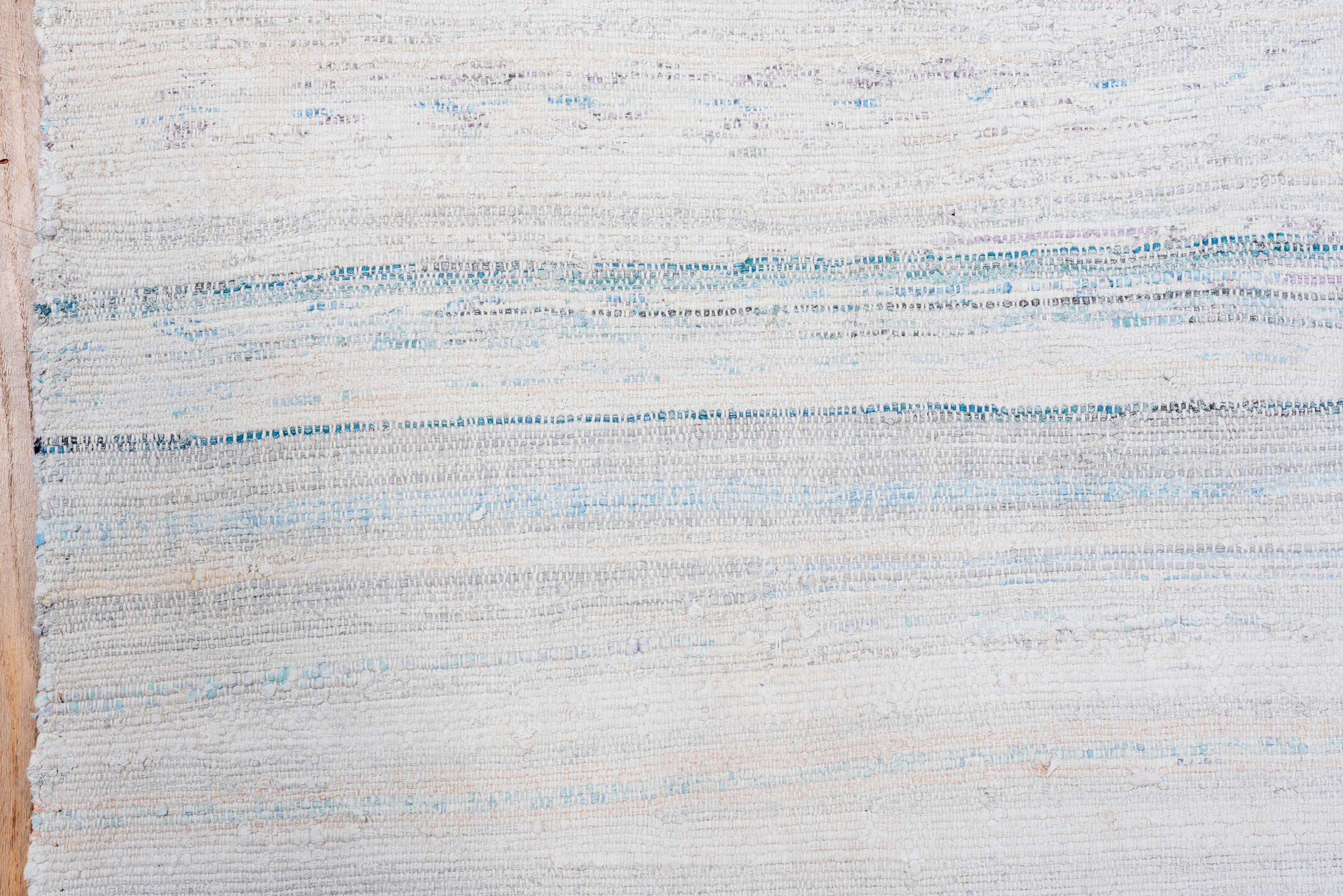 7' x 8' one-of-a-kind handmade vintage Rag Rug rug. Color palette: ivory, pale blue, aqua, light gray, blush, cobalt