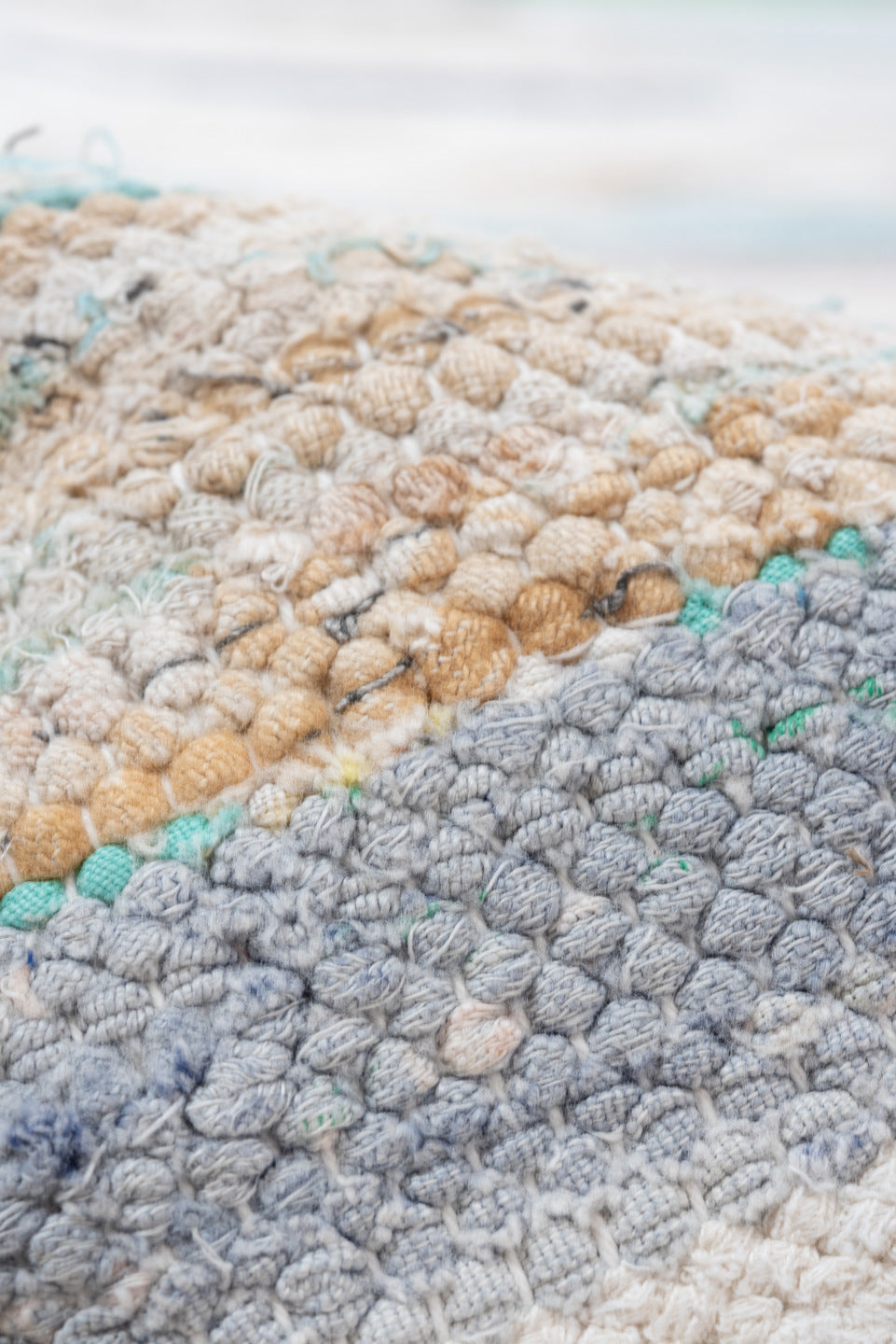 7' x 10' one-of-a-kind handmade vintage Rag Rug large size rug. Color palette: ivory, pale blue, beige, charcoal, pink