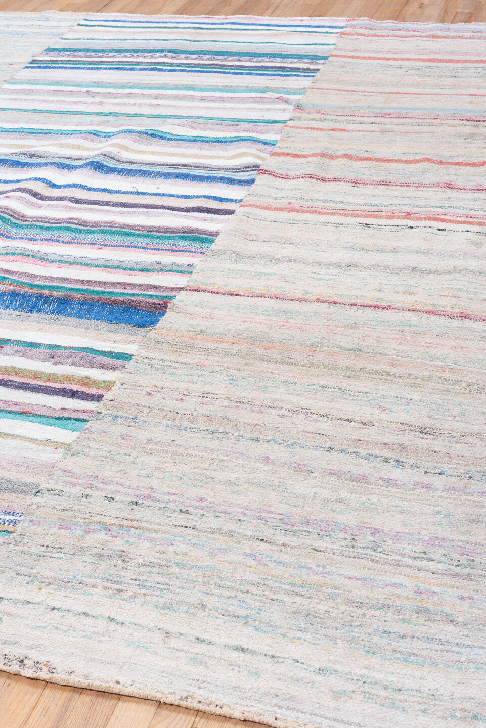 8' x 10' one-of-a-kind handmade vintage Rag Rug large size rug. Color palette: ivory, sky blue, turquoise, cobalt, coral