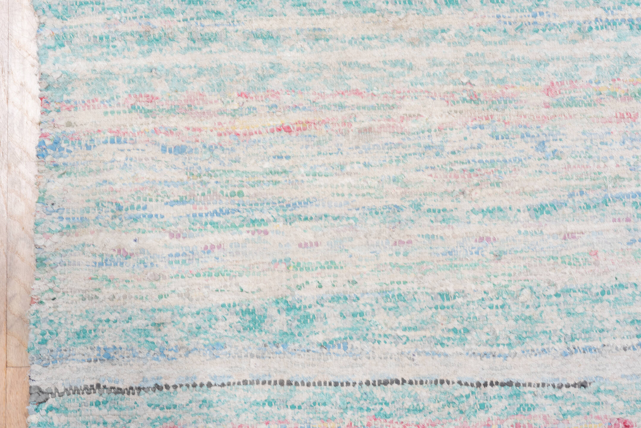 8' x 10' one-of-a-kind handmade vintage Rag Rug large size rug. Color palette: ivory, sky blue, turquoise, cobalt, coral
