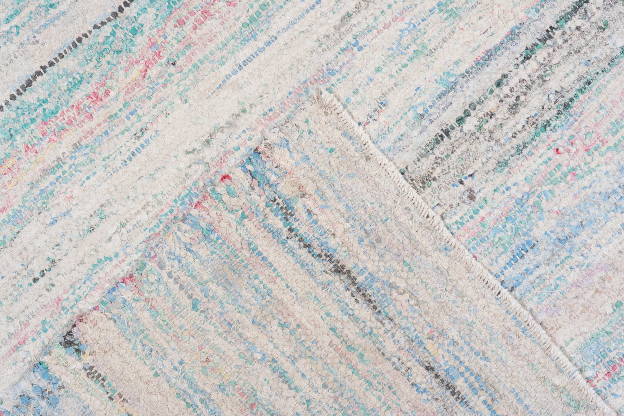 8' x 10' one-of-a-kind handmade vintage Rag Rug large size rug. Color palette: ivory, sky blue, turquoise, cobalt, coral