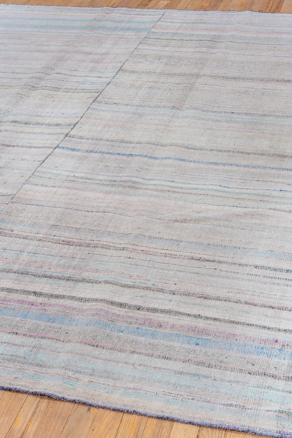 6' x 9' one-of-a-kind handmade antique Rag Rug medium size rug. Color palette: gray, lavender, sky_blue, blush, charcoal