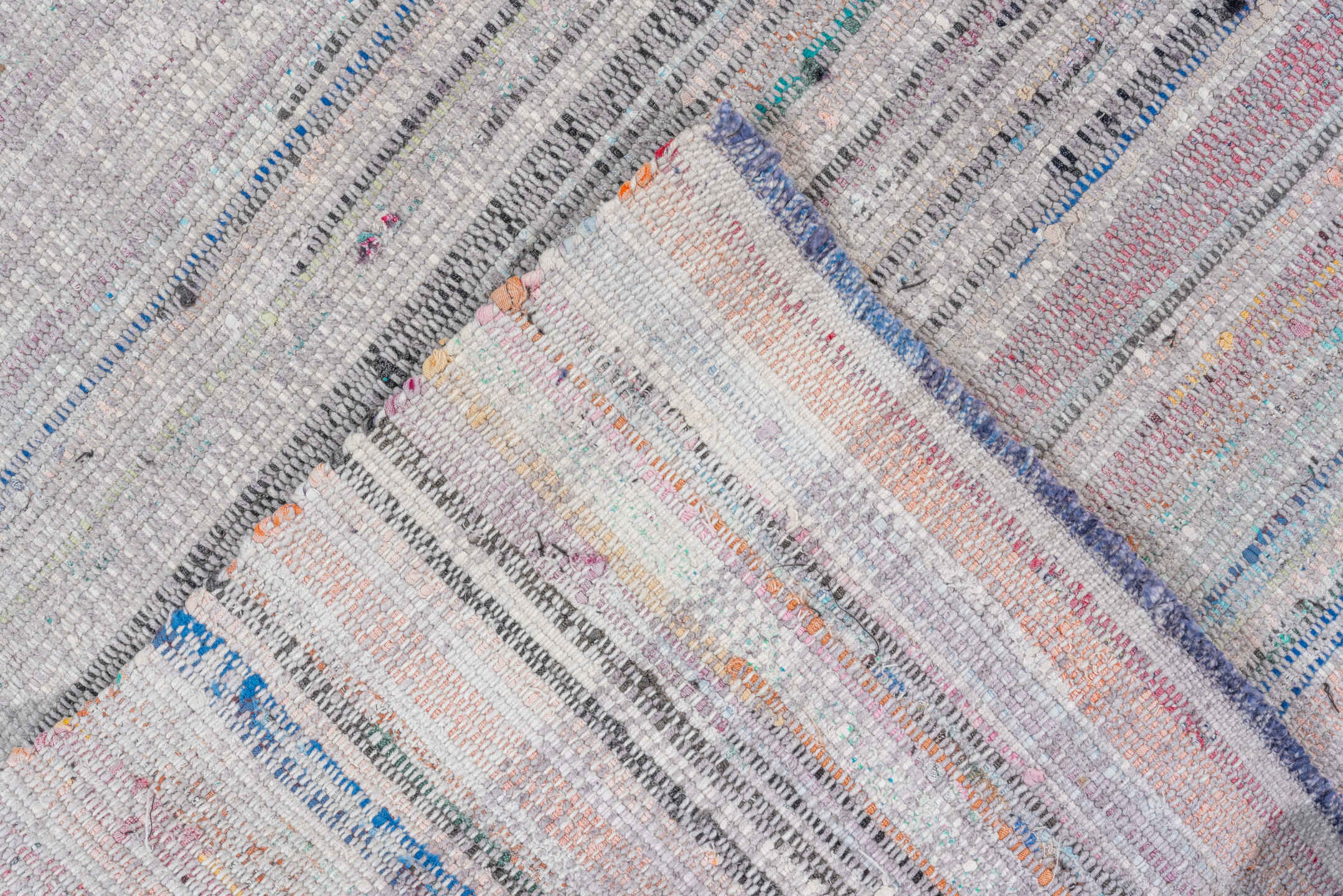 6' x 9' one-of-a-kind handmade antique Rag Rug medium size rug. Color palette: gray, lavender, sky_blue, blush, charcoal