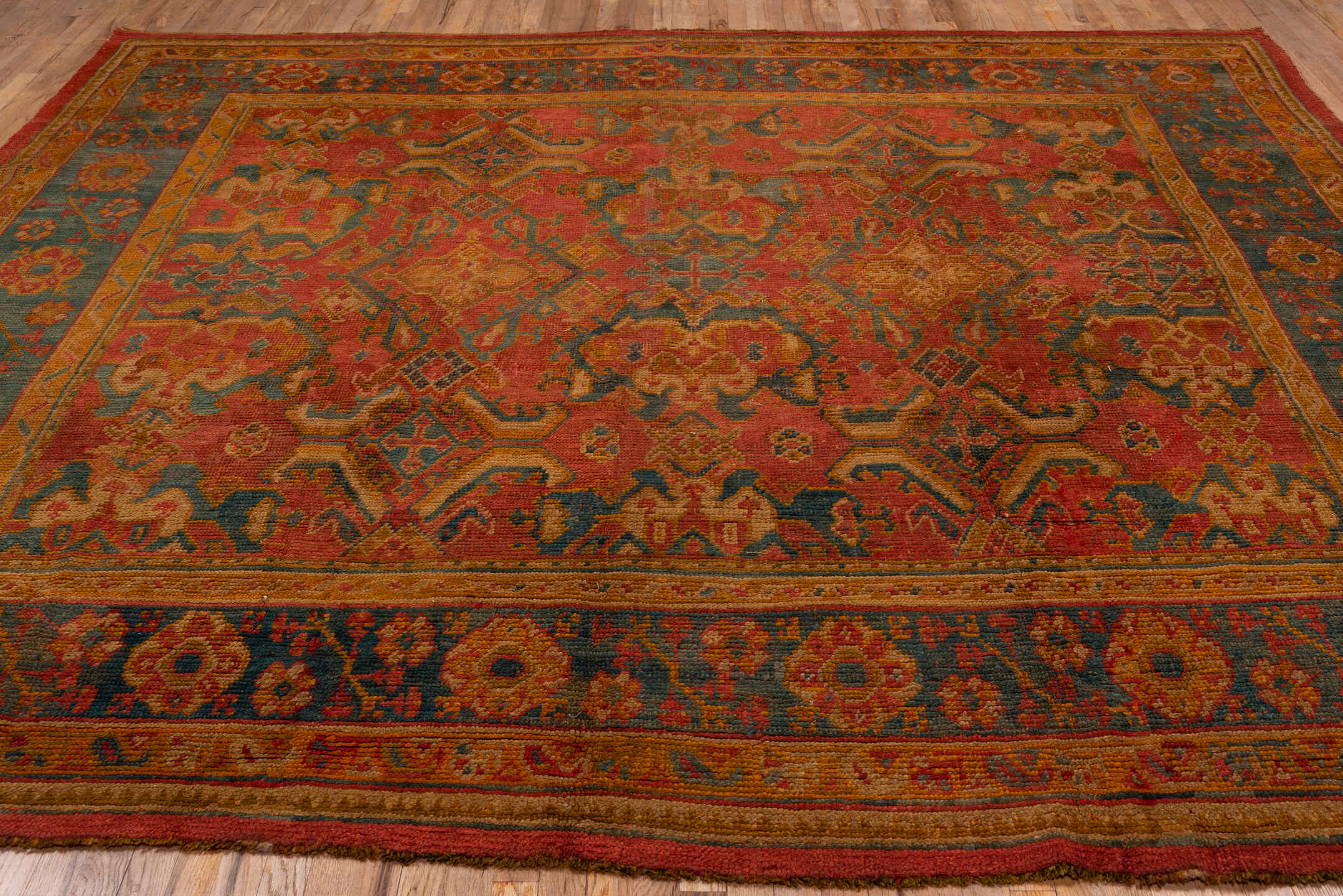 10' x 11' one-of-a-kind handmade antique Oushak large size rug. Color palette: terra cotta, rust, slate, gold, saffron