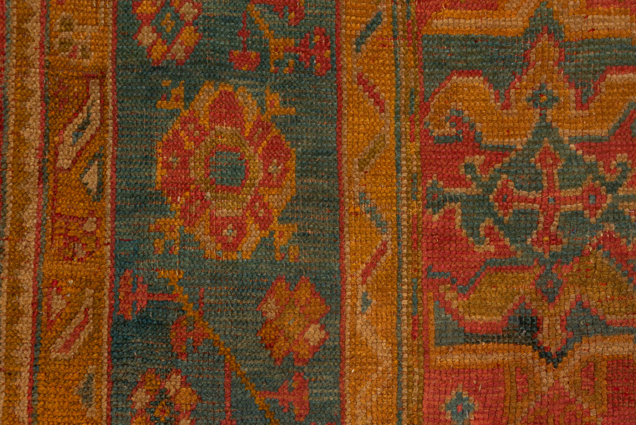 10' x 11' one-of-a-kind handmade antique Oushak large size rug. Color palette: terra cotta, rust, slate, gold, saffron