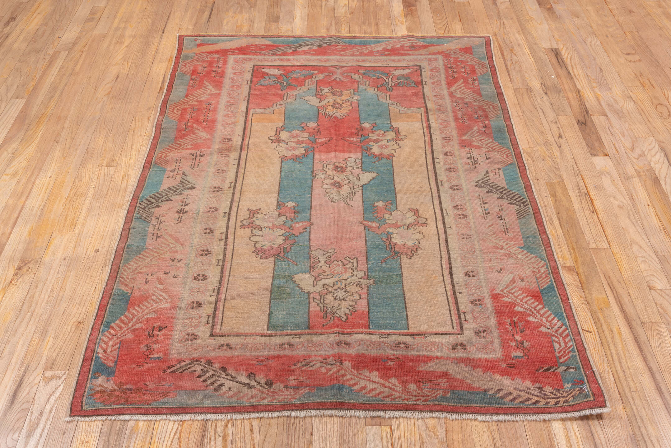 4' x 5' one-of-a-kind handmade antique Oushak small size rug. Color palette: coral, ivory, aqua, rose, taupe, charcoal