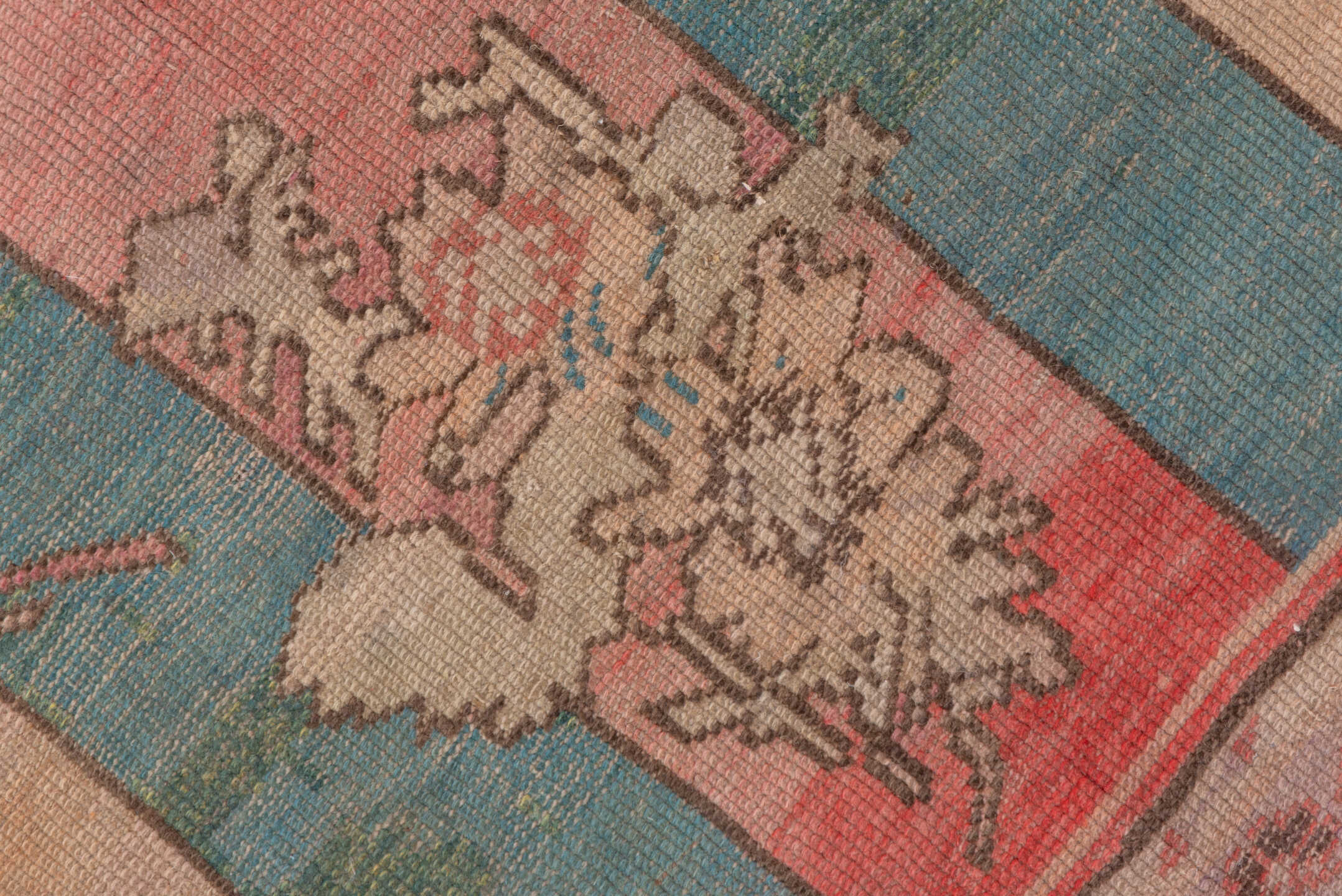 4' x 5' one-of-a-kind handmade antique Oushak small size rug. Color palette: coral, ivory, aqua, rose, taupe, charcoal