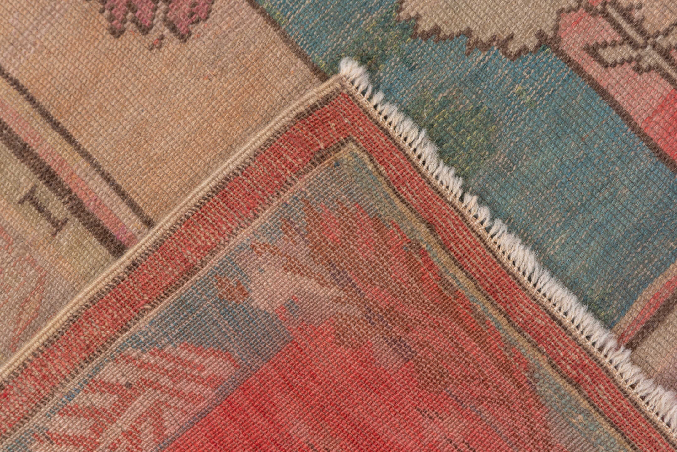 4' x 5' one-of-a-kind handmade antique Oushak small size rug. Color palette: coral, ivory, aqua, rose, taupe, charcoal