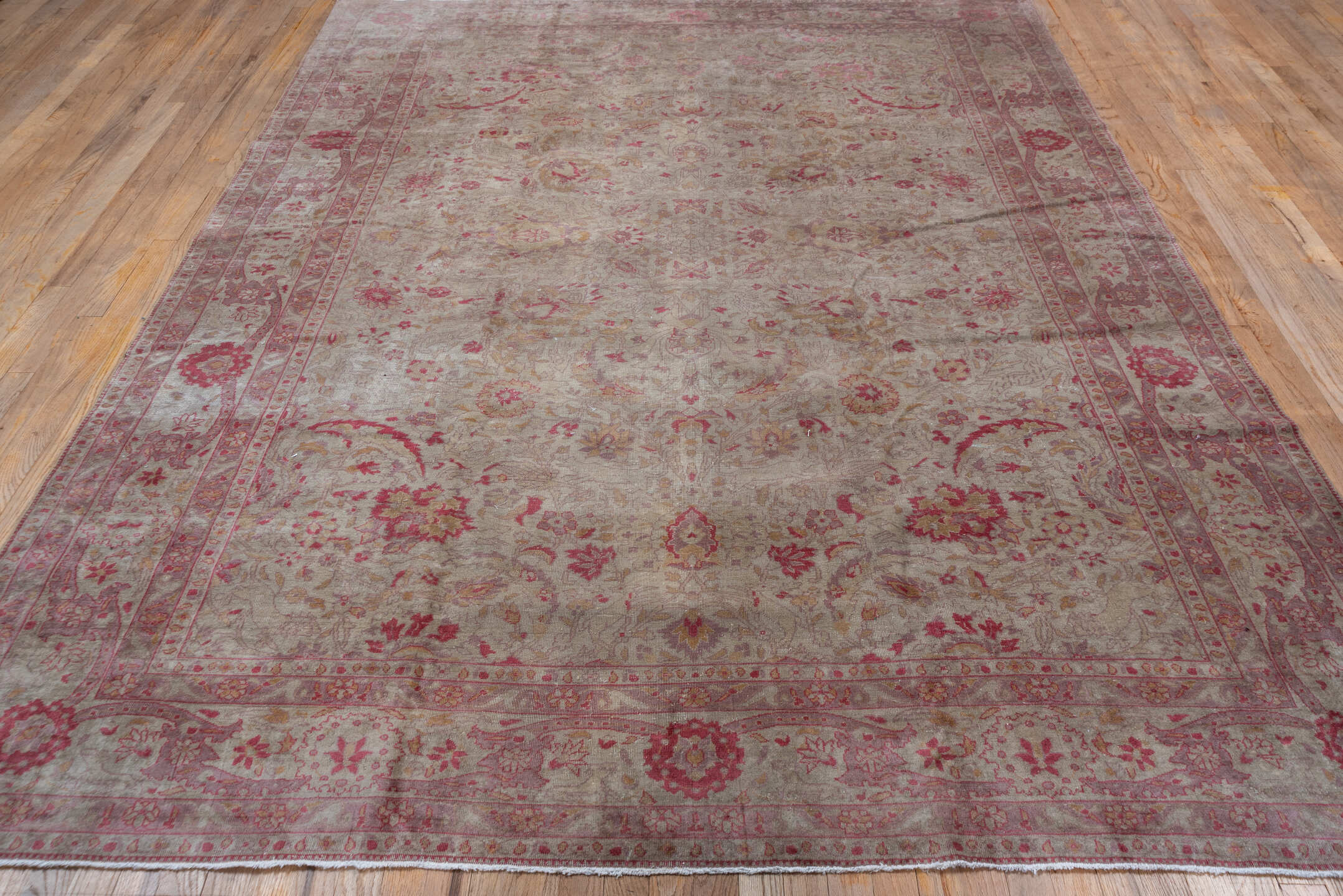 7' x 10' one-of-a-kind handmade vintage Sivas large size rug. Color palette: brown, gray, light gray, off-white, pink, red