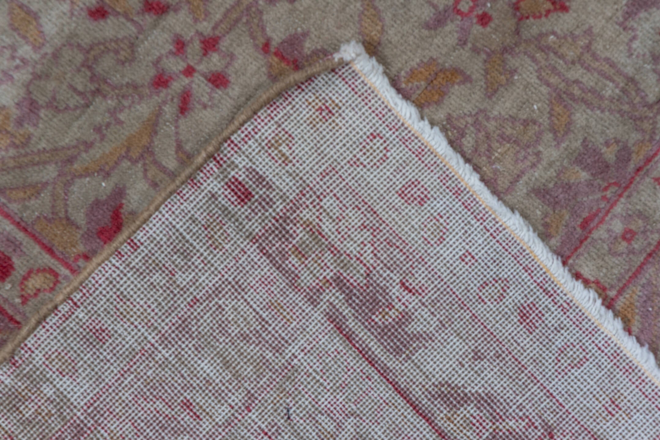 7' x 10' one-of-a-kind handmade vintage Sivas large size rug. Color palette: brown, gray, light gray, off-white, pink, red