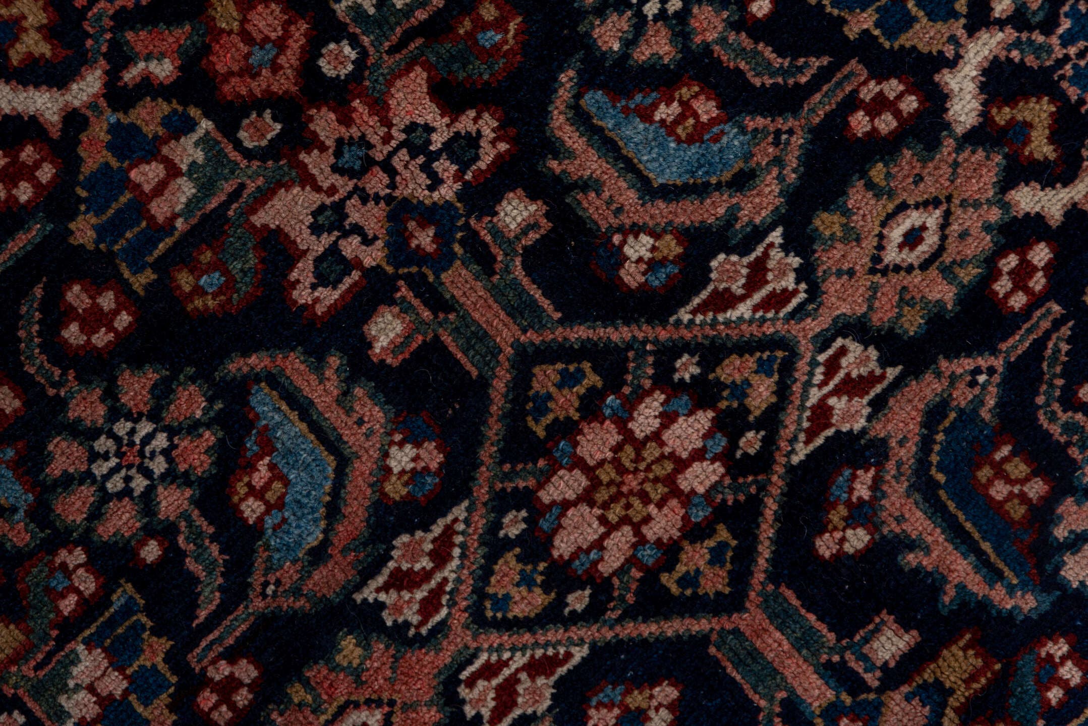 5' x 14' one-of-a-kind handmade antique Malayer rug. Color palette: navy, ivory, rust, indigo, camel, rose, sienna, blue