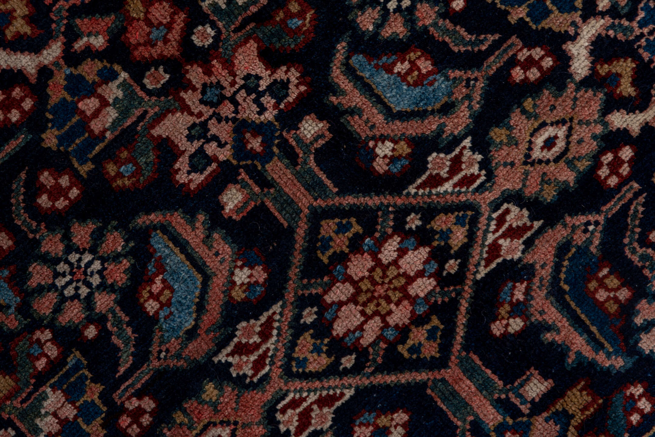 5' x 14' one-of-a-kind handmade antique Malayer rug. Color palette: navy, ivory, rust, indigo, camel, rose, sienna, blue