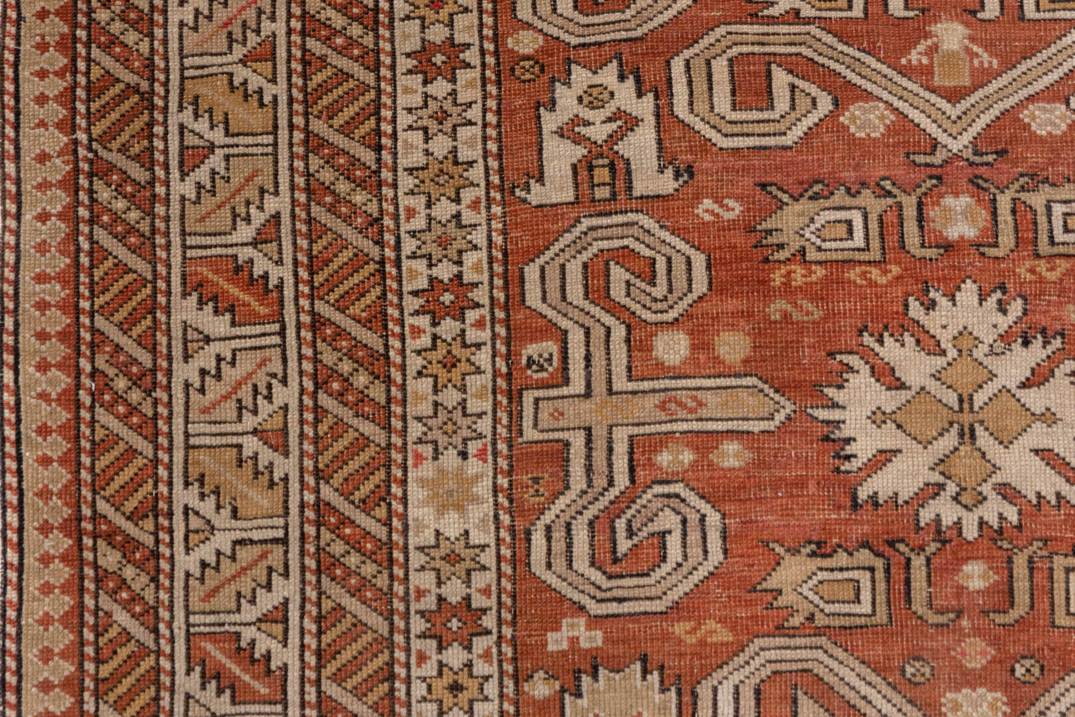 3' x 5' one-of-a-kind handmade antique Shirvan small size rug. Color palette: rust, ivory, camel, taupe, brown, blue, sage
