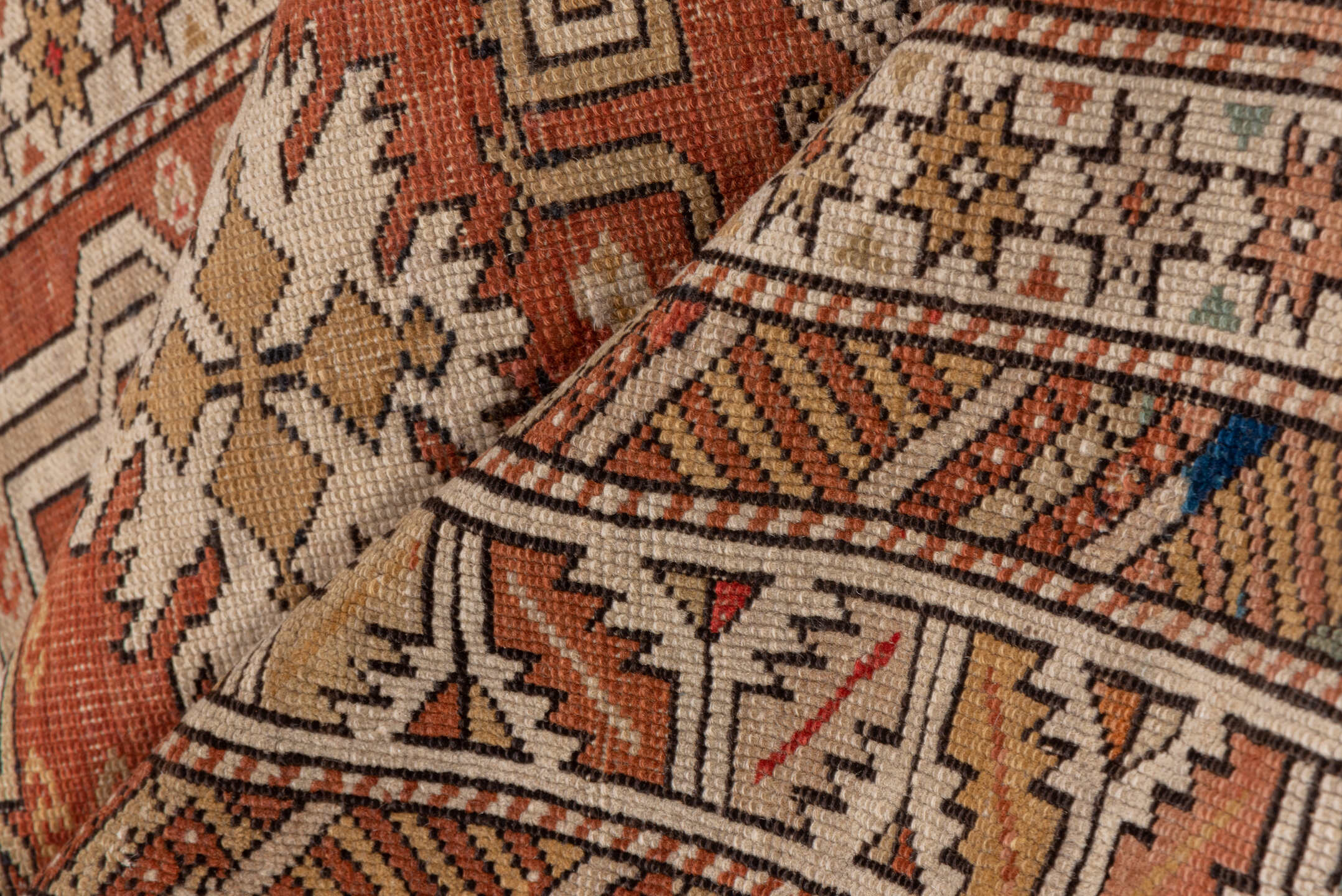 3' x 5' one-of-a-kind handmade antique Shirvan small size rug. Color palette: rust, ivory, camel, taupe, brown, blue, sage
