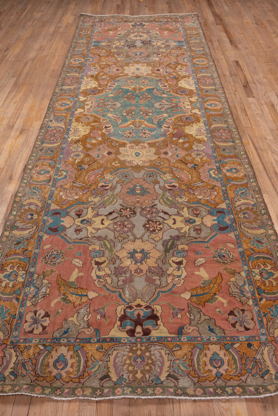 4' x 13' one-of-a-kind handmade vintage Agra runner rug. Color palette: brown, gray, light gray, pink