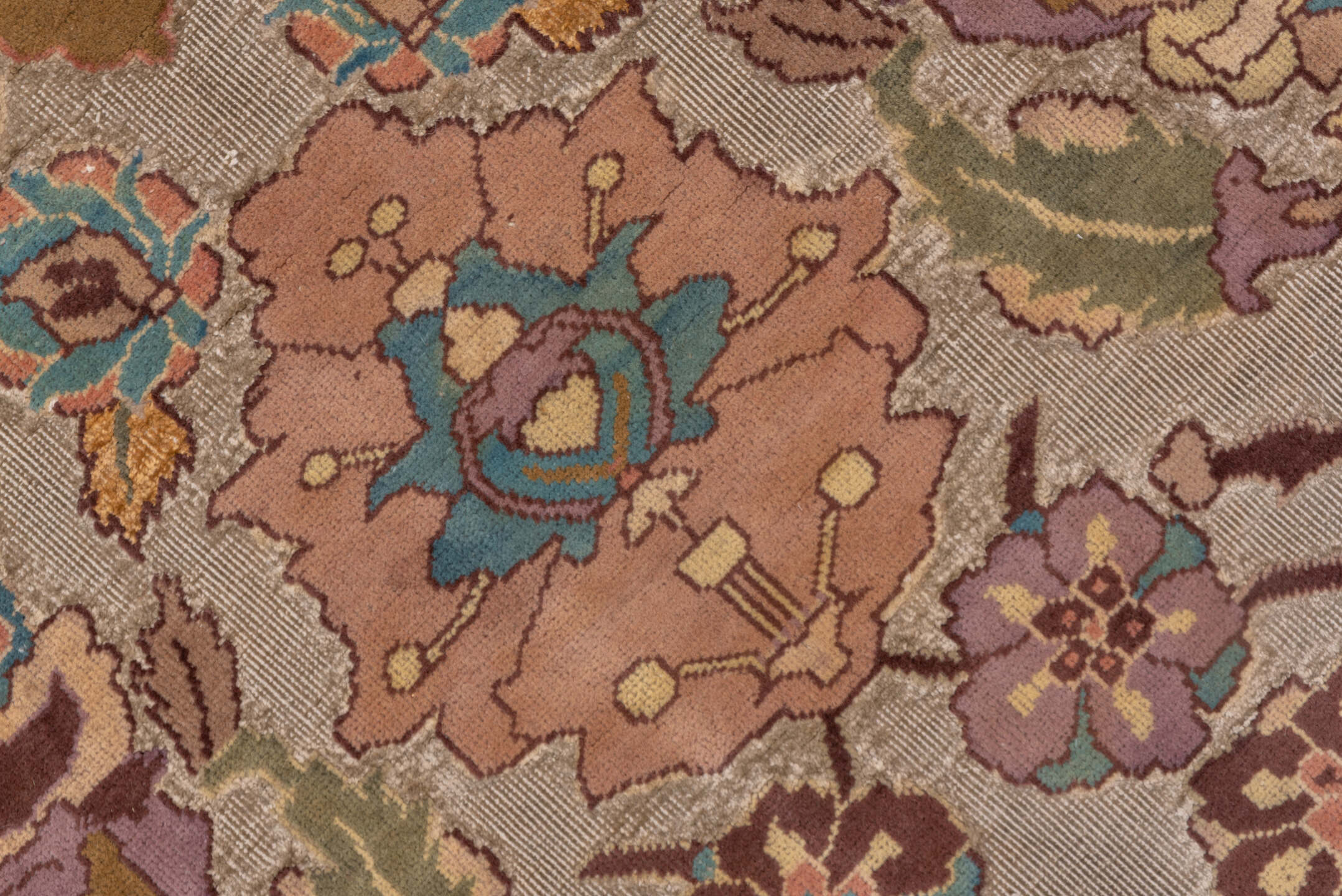 4' x 13' one-of-a-kind handmade vintage Agra runner rug. Color palette: brown, gray, light gray, pink