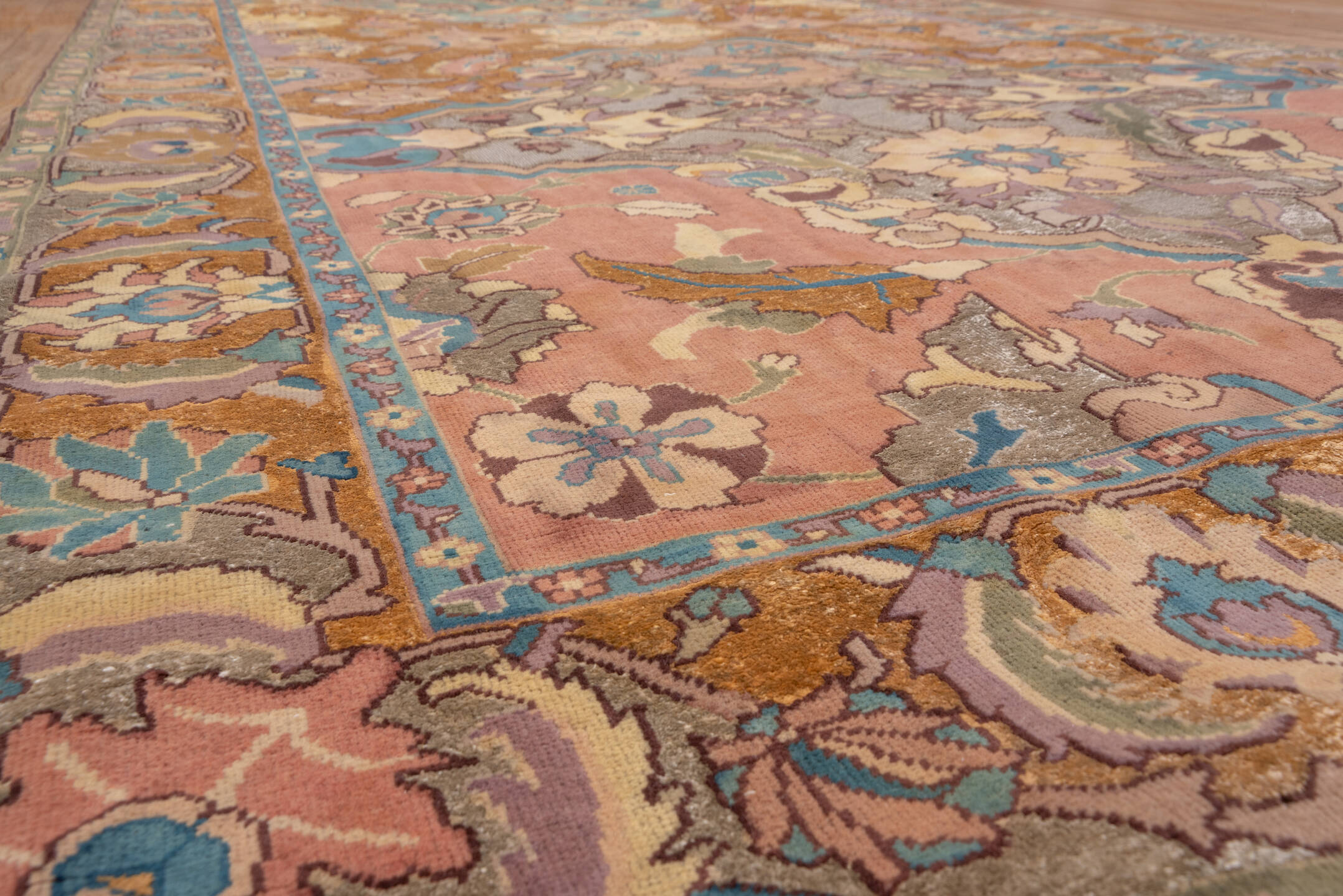 4' x 13' one-of-a-kind handmade vintage Agra runner rug. Color palette: brown, gray, light gray, pink