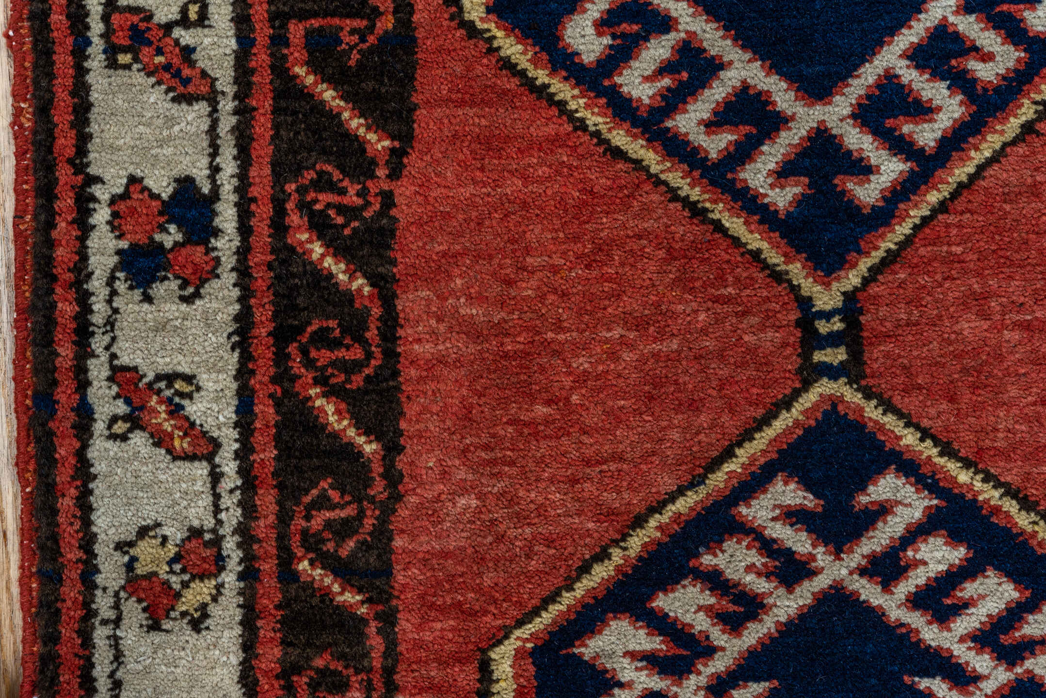2' x 9' one-of-a-kind handmade antique Sarab runner rug. Color palette: terra cotta, ivory, navy, rust, charcoal, camel