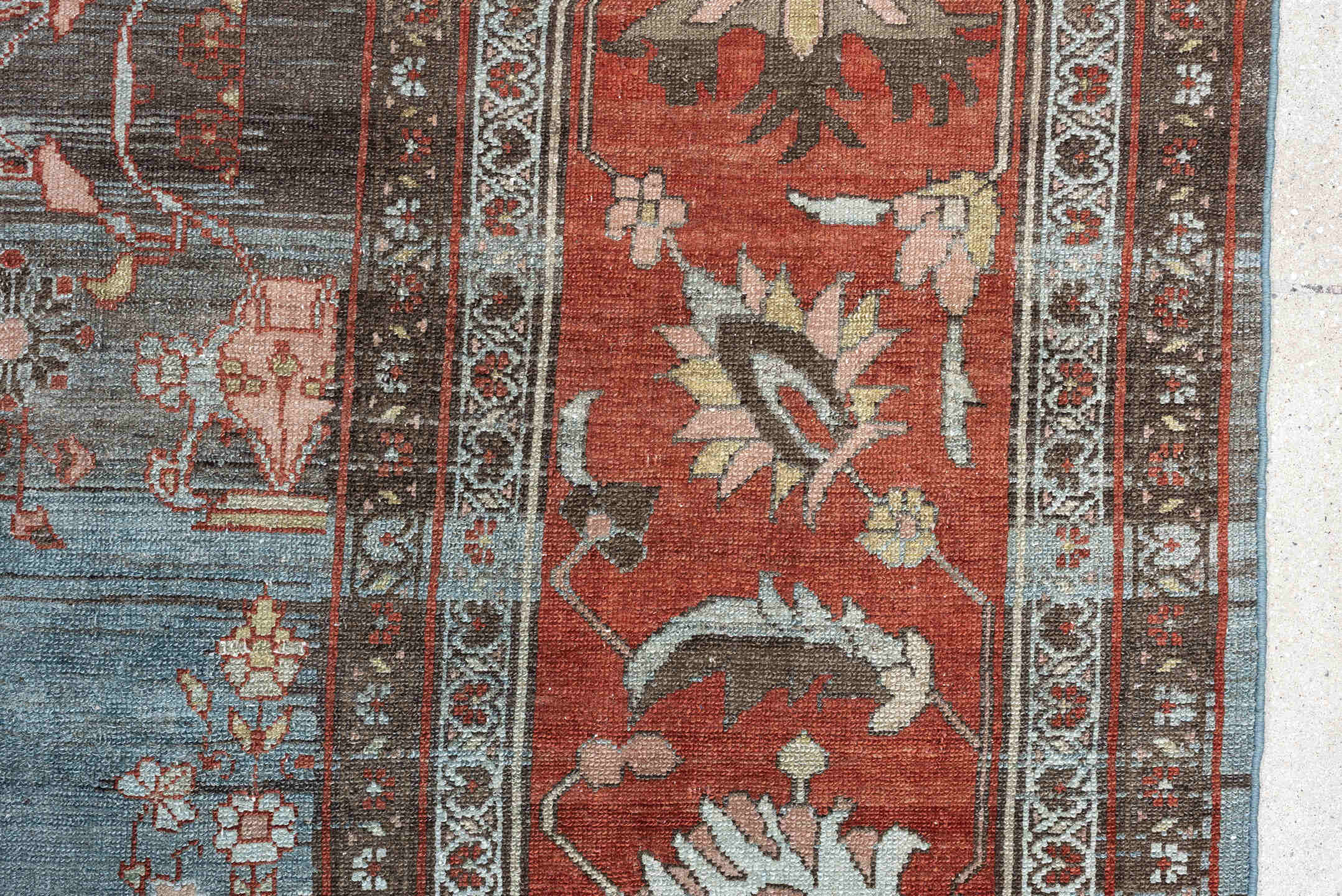 7' x 16' one-of-a-kind handmade antique Lilian rug. Color palette: blue, terracotta, ivory, slate, rose, taupe, charcoal