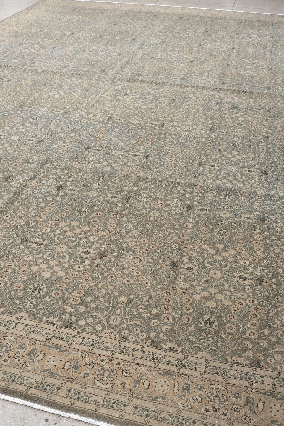 11' x 15' one-of-a-kind handmade antique Hereke oversize rug. Color palette: blue gray, ivory, taupe, sage, cream, slate
