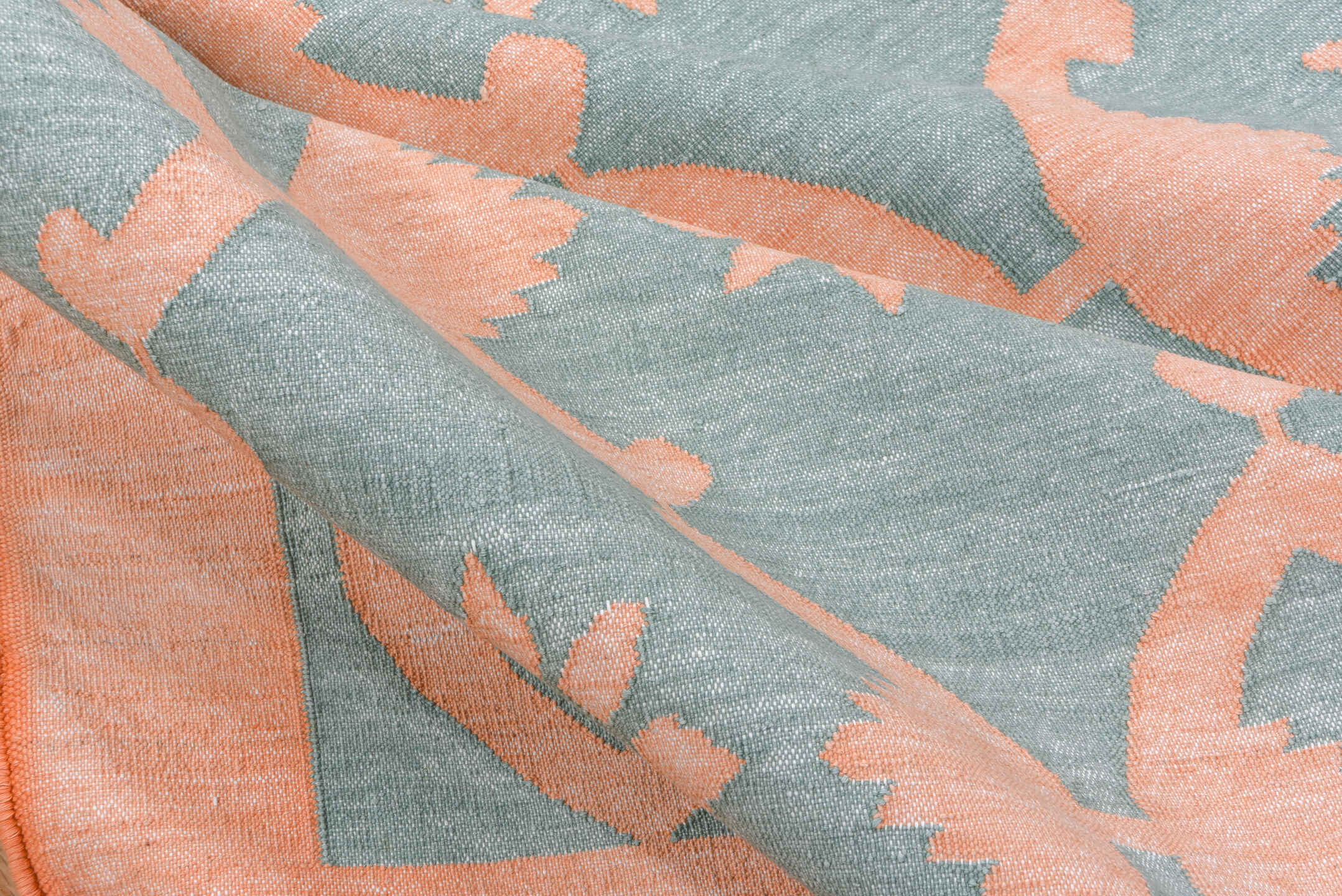 8' x 9' one-of-a-kind handmade vintage Dhurrie rug. Color palette: aqua, peach, ivory, teal, terracotta, pink