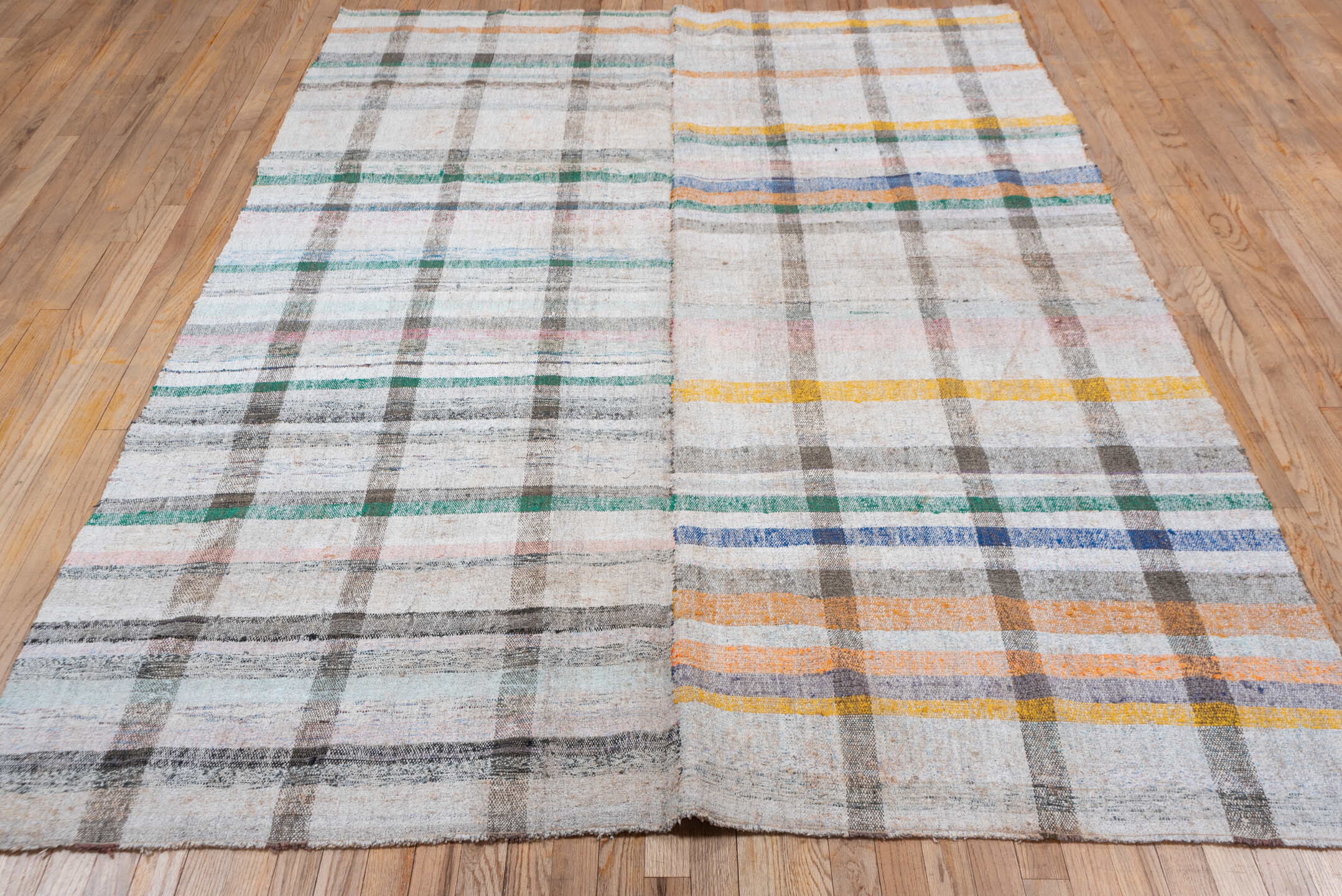 6' x 8' one-of-a-kind handmade antique Rag Rug medium size rug. Color palette: ivory, taupe, charcoal, sage, saffron, peach