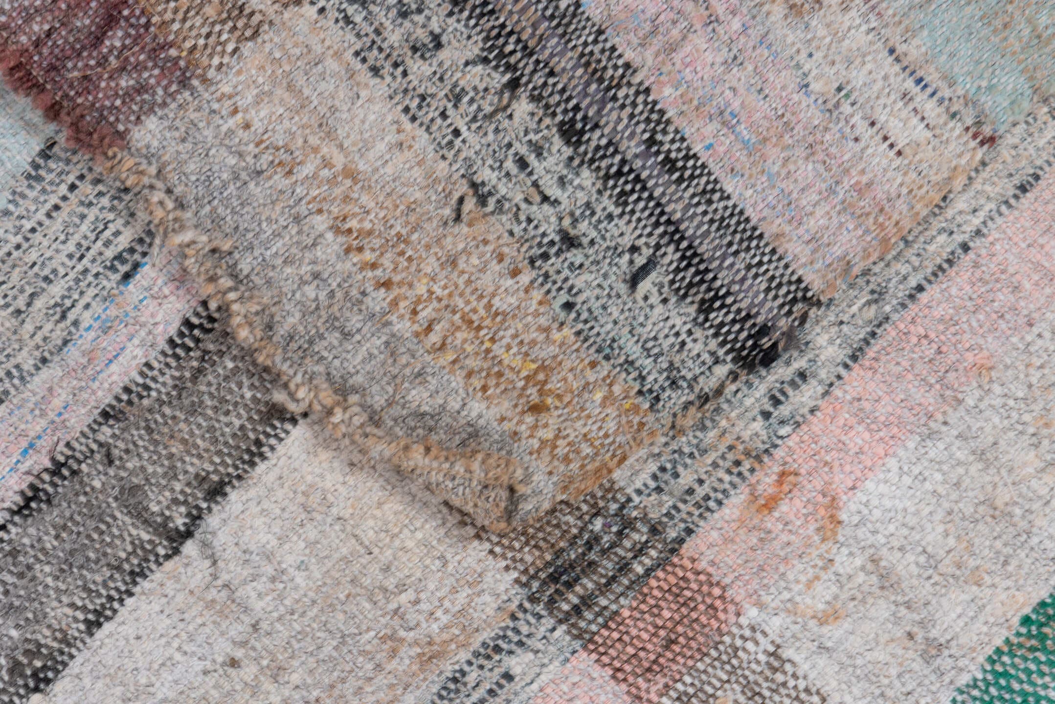 6' x 8' one-of-a-kind handmade antique Rag Rug medium size rug. Color palette: ivory, taupe, charcoal, sage, saffron, peach