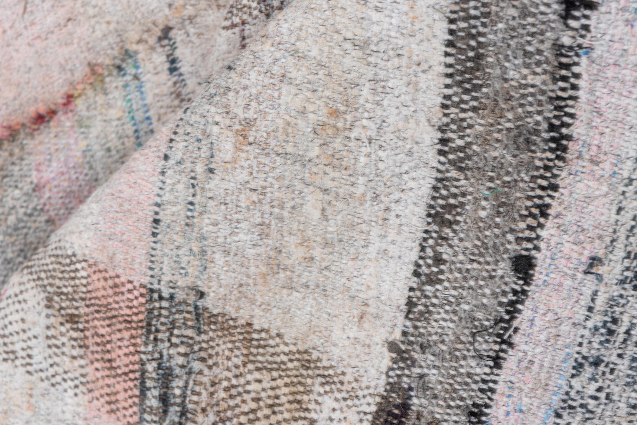 6' x 8' one-of-a-kind handmade antique Rag Rug medium size rug. Color palette: ivory, taupe, charcoal, sage, saffron, peach