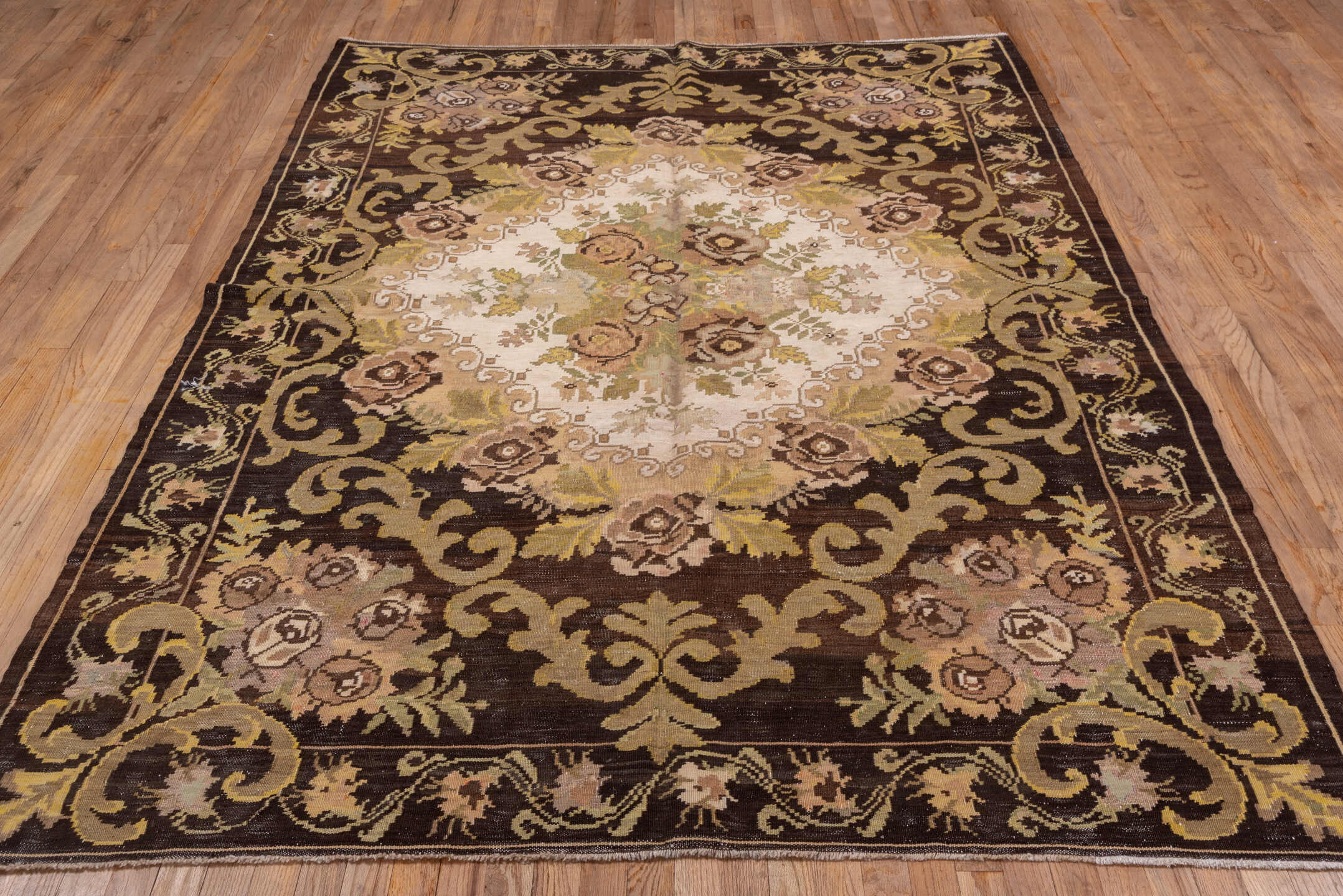 6' x 8' one-of-a-kind handmade antique Kilim medium size rug. Color palette: brown, ivory, taupe, blush, olive, gold, camel