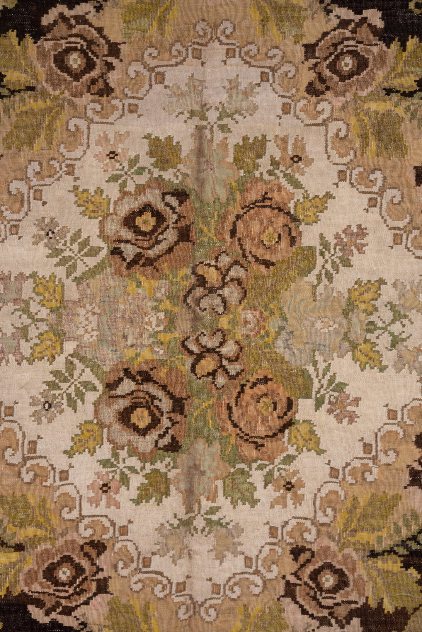 6' x 8' one-of-a-kind handmade antique Kilim medium size rug. Color palette: brown, ivory, taupe, blush, olive, gold, camel