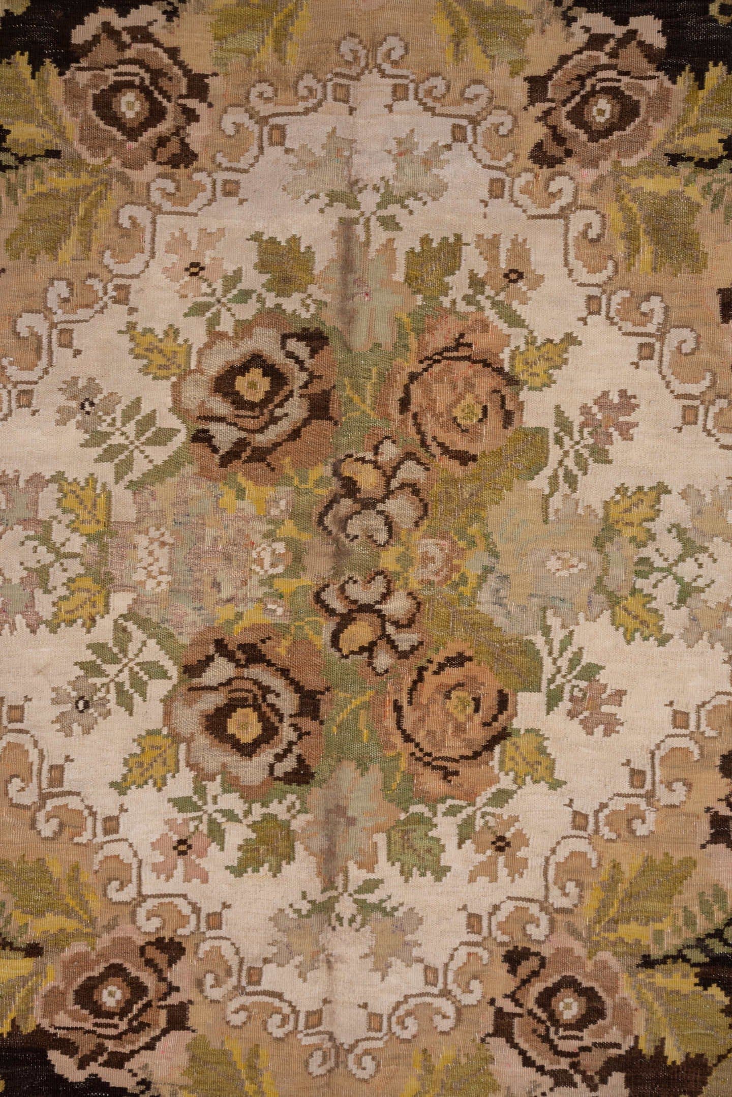 6' x 8' one-of-a-kind handmade antique Kilim medium size rug. Color palette: brown, ivory, taupe, blush, olive, gold, camel