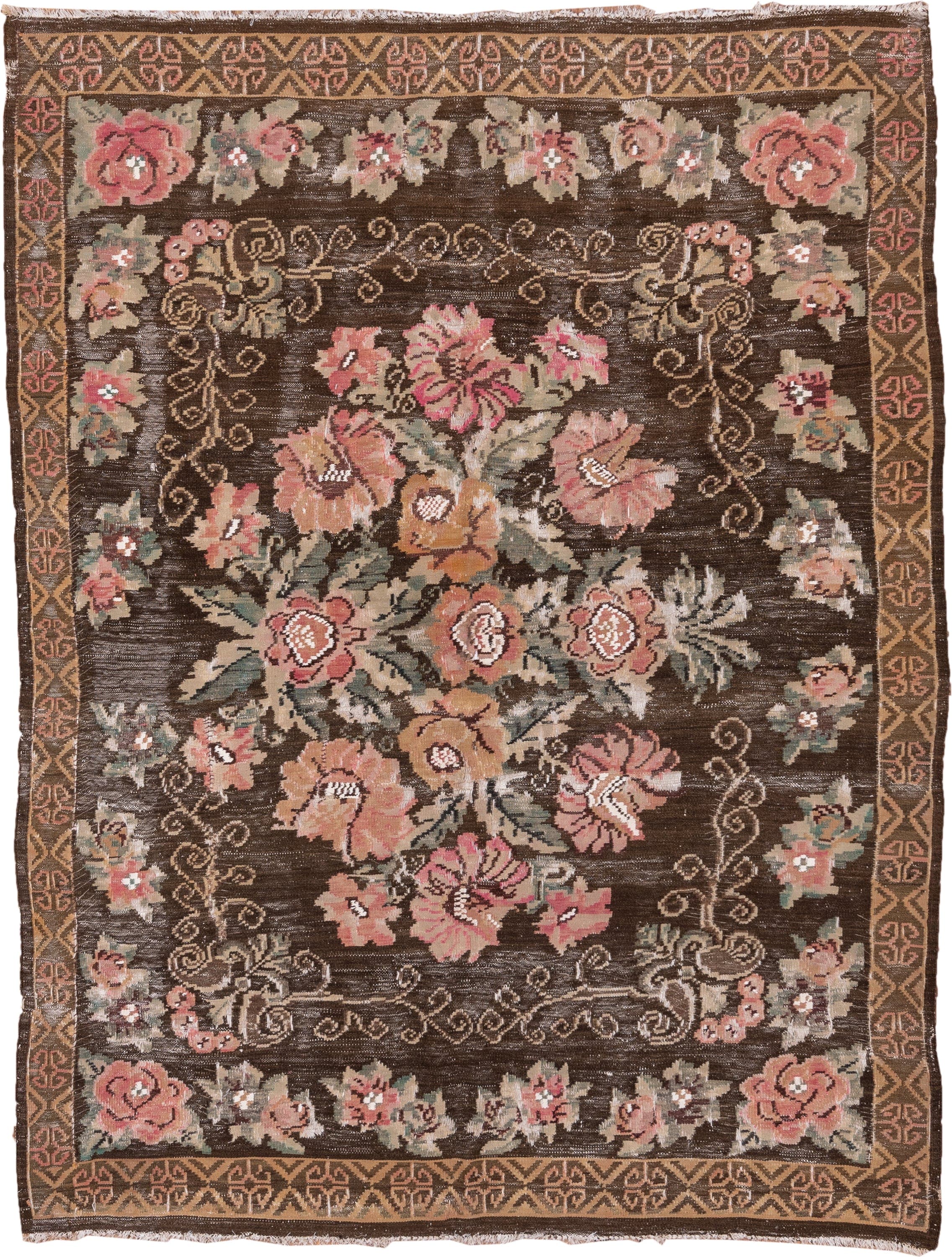 5' x 7' one-of-a-kind handmade antique Kilim rug. Color palette: brown, rose, camel, sage, taupe, ivory, coral, pink, red
