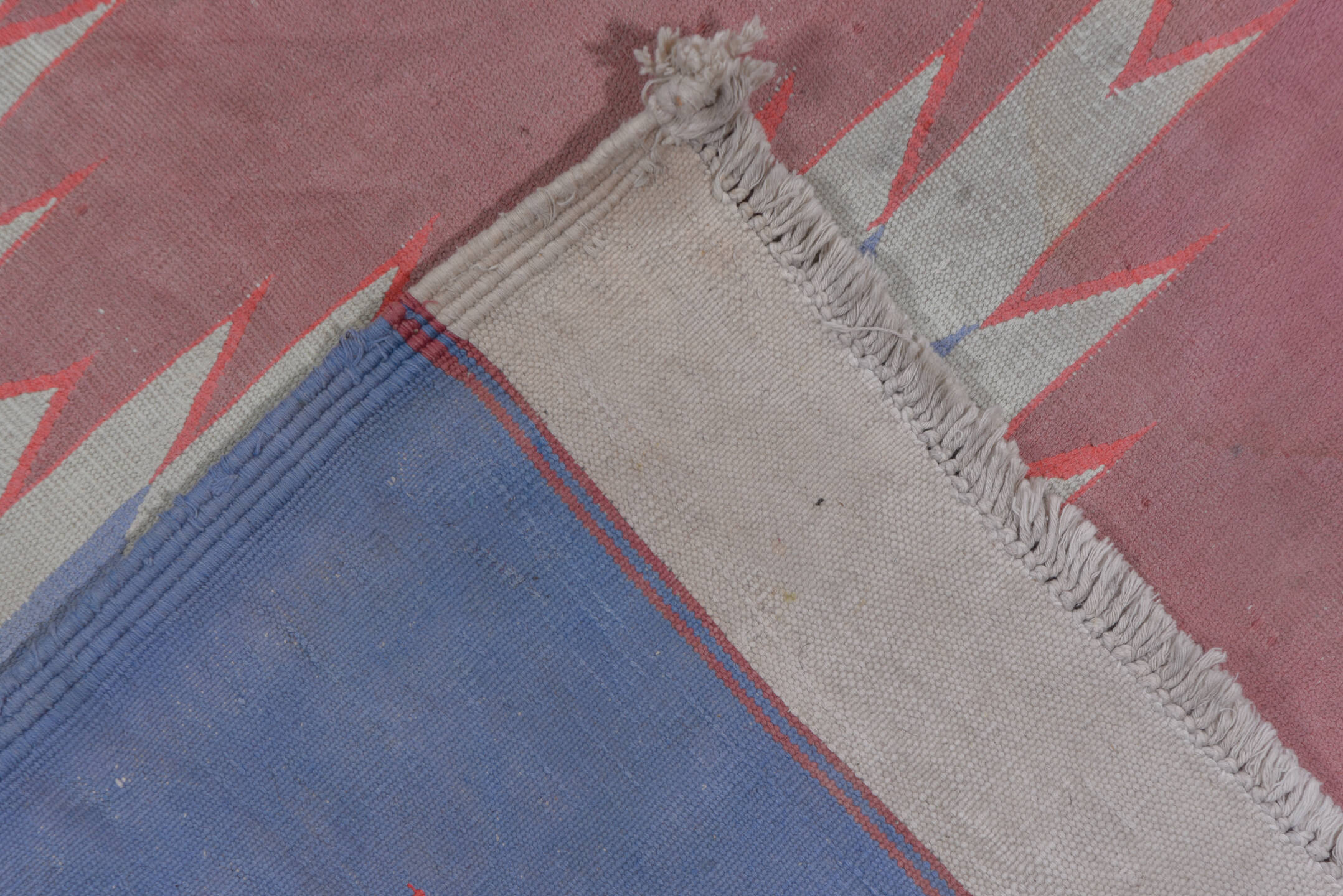 9' x 16' one-of-a-kind handmade vintage Dhurrie rug. Color palette: blue, dark gray, gray, light gray, off-white, pink, red