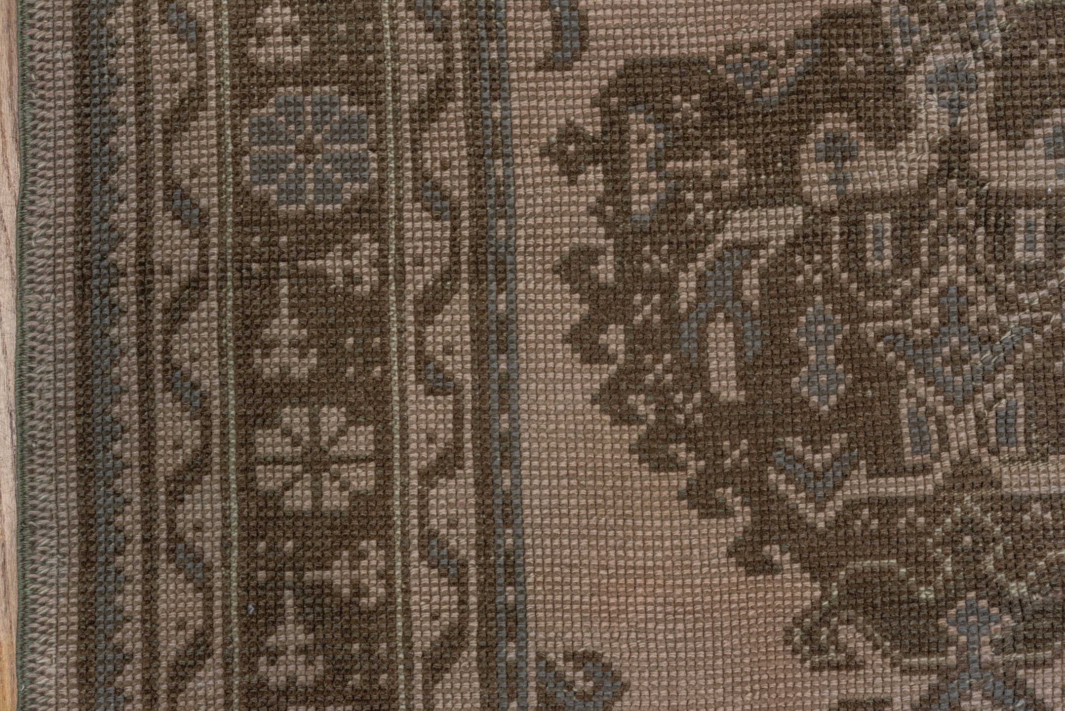 7' x 10' one-of-a-kind handmade antique Oushak large size rug. Color palette: taupe, brown, charcoal, greige, ivory, beige