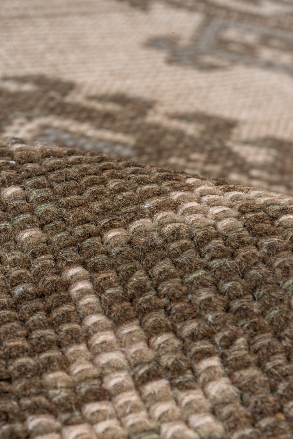 7' x 10' one-of-a-kind handmade vintage Oushak large size rug. Color palette: brown, gray, light gray, off-white, pink, snow