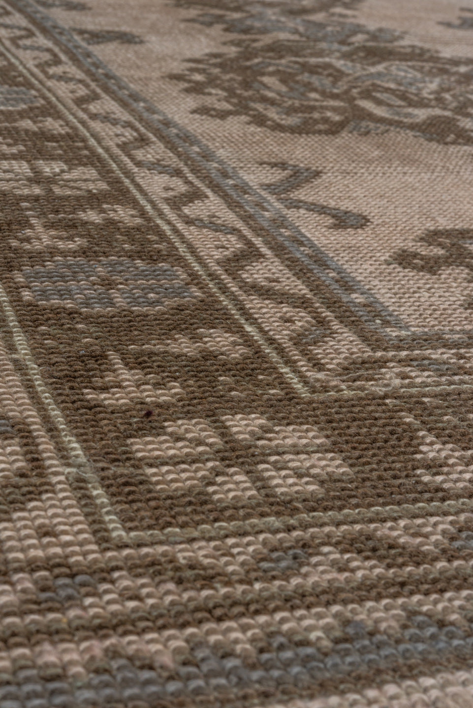 7' x 10' one-of-a-kind handmade antique Oushak large size rug. Color palette: taupe, brown, charcoal, greige, ivory, beige
