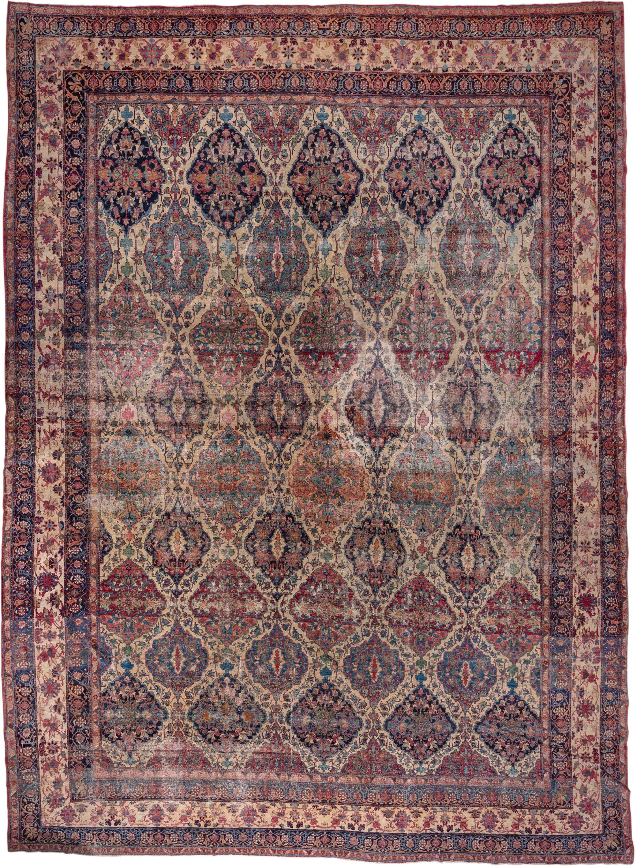 13' x 18' one-of-a-kind handmade antique Lavar oversize rug. Color palette: ivory, indigo, rust, rose, muted blue, burgundy