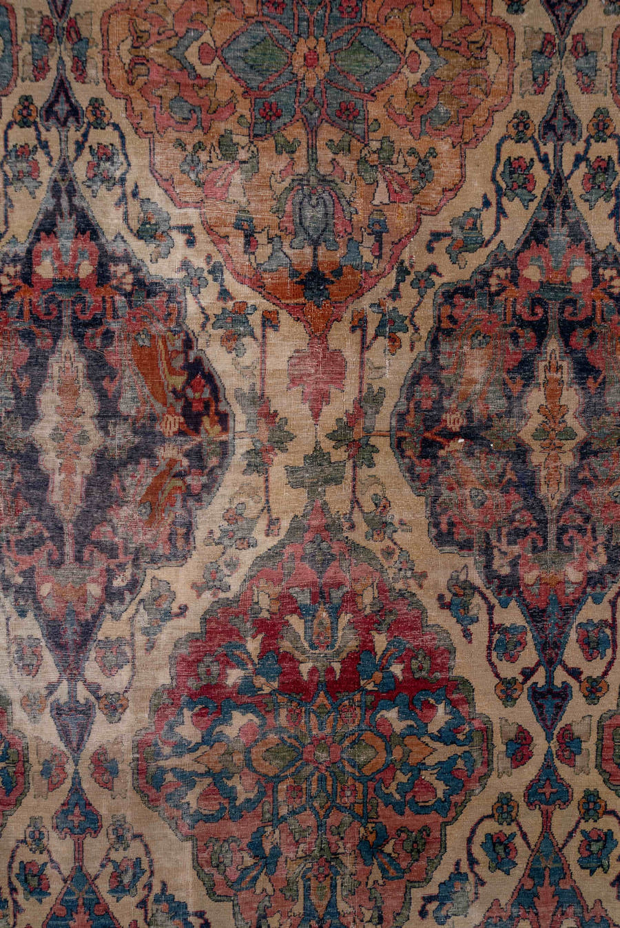 13' x 18' one-of-a-kind handmade antique Lavar oversize rug. Color palette: ivory, indigo, rust, rose, muted blue, burgundy